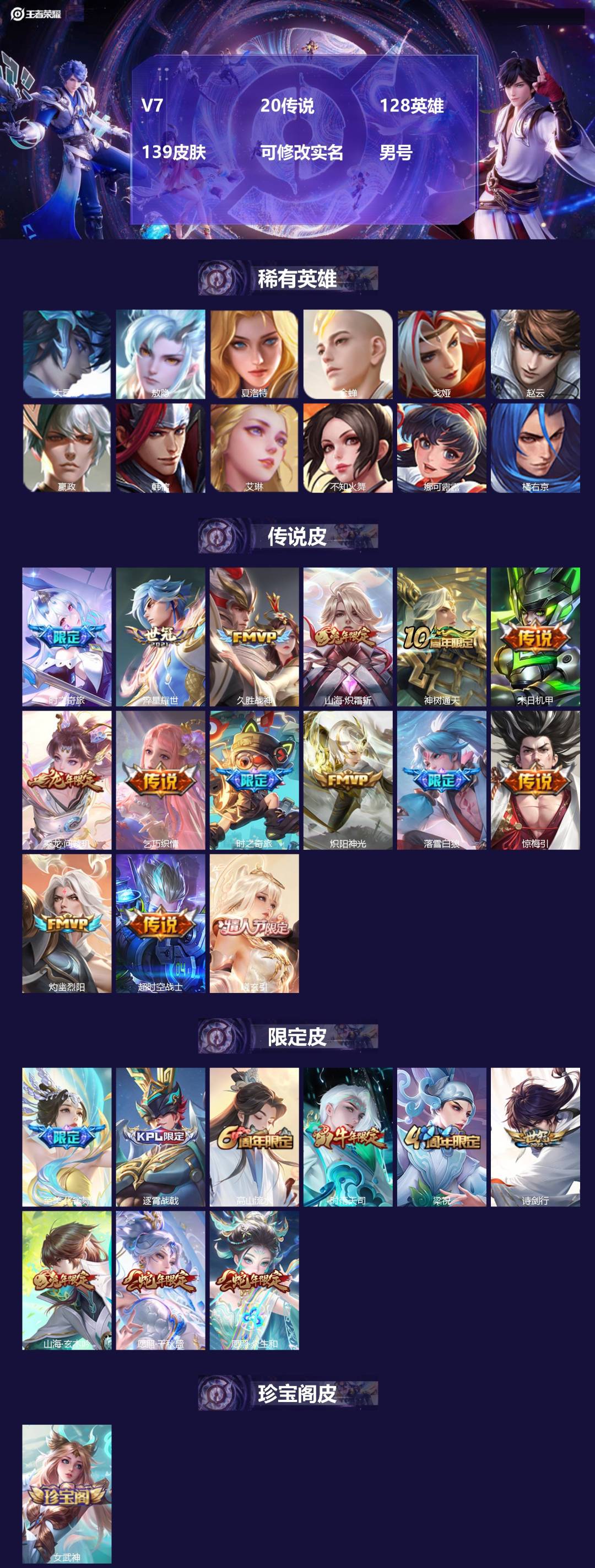 王者荣耀账号苹果QQ128英雄-139皮肤-[]V7 20传说 128英雄 139皮肤 可修改实名 男号 
【英雄全皮】