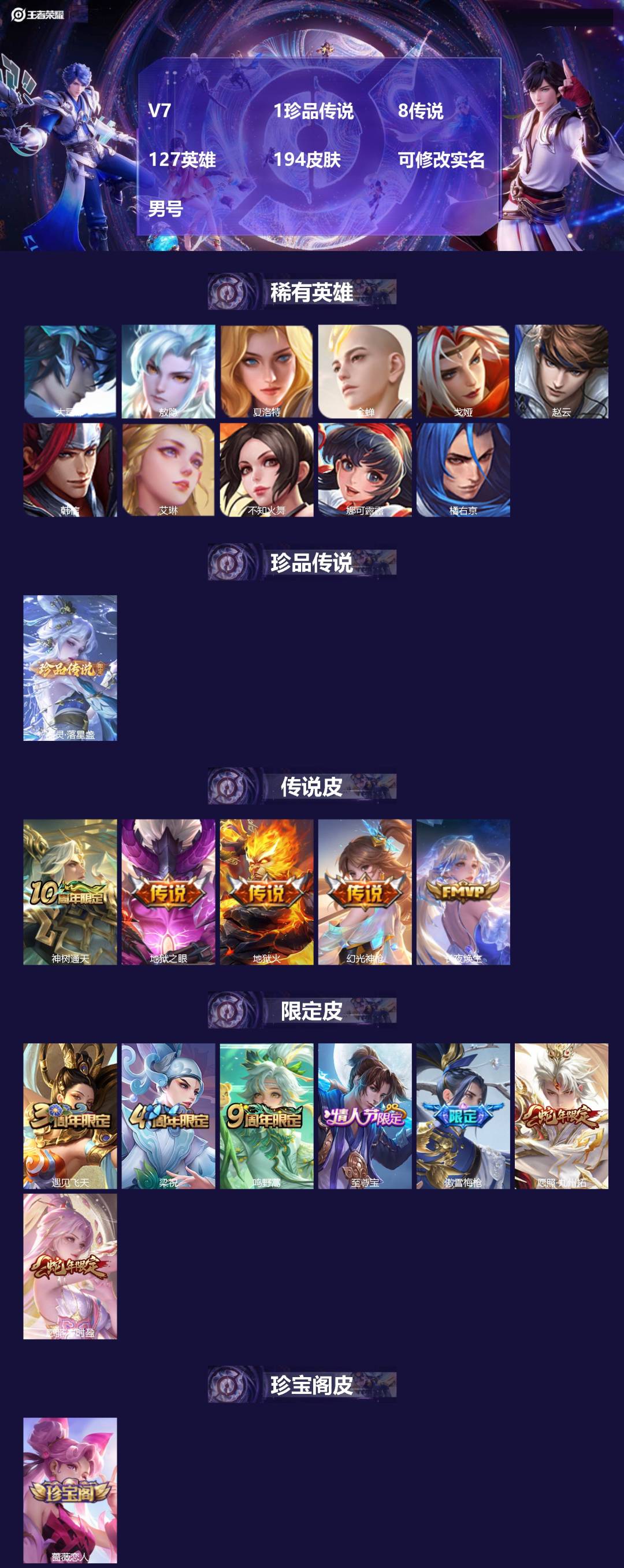王者荣耀账号安卓QQV7 1珍品传说 8传说 127英雄 194皮肤 可修改实名 男号 
【英雄全皮】敖隐全皮,空空儿全
