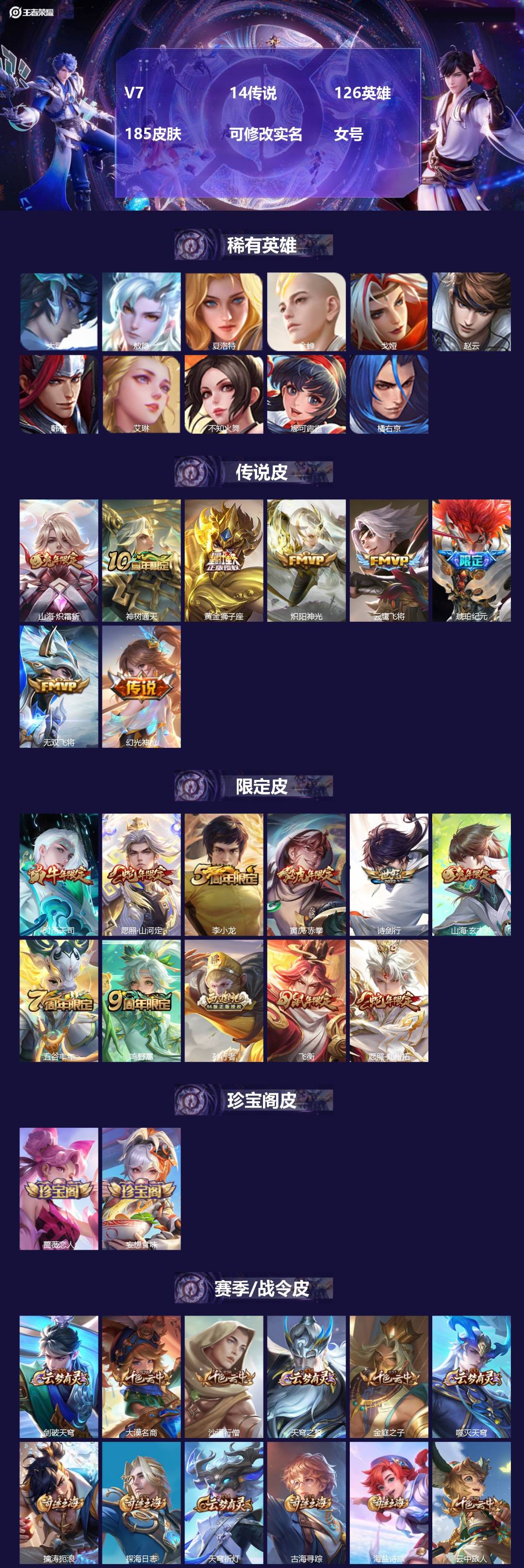 王者荣耀账号安卓QQ[16614424]V7 14传说 126英雄 185皮肤 可修改实名 女号 
【英雄全皮】敖隐全皮