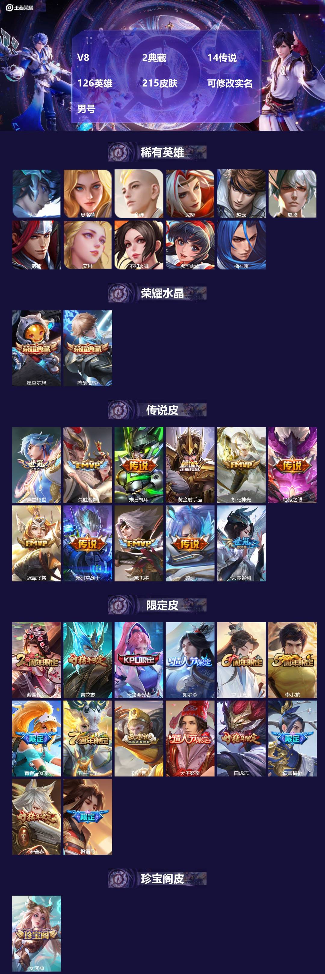 王者荣耀账号苹果QQ[16616227]V8 2典藏 14传说 126英雄 215皮肤 可修改实名 男号 
【英雄全皮】