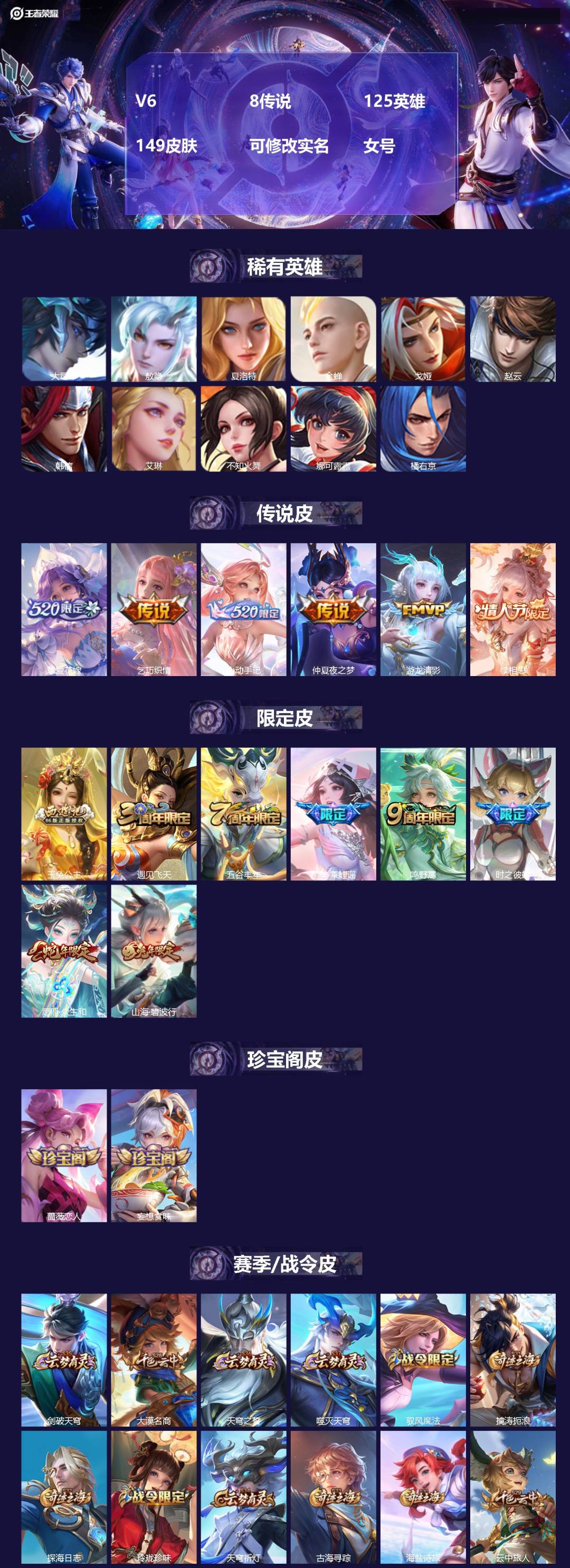 王者荣耀账号安卓QQ125英雄-149皮肤-[]V6 8传说 125英雄 149皮肤 可修改实名 女号 
【英雄全皮】西