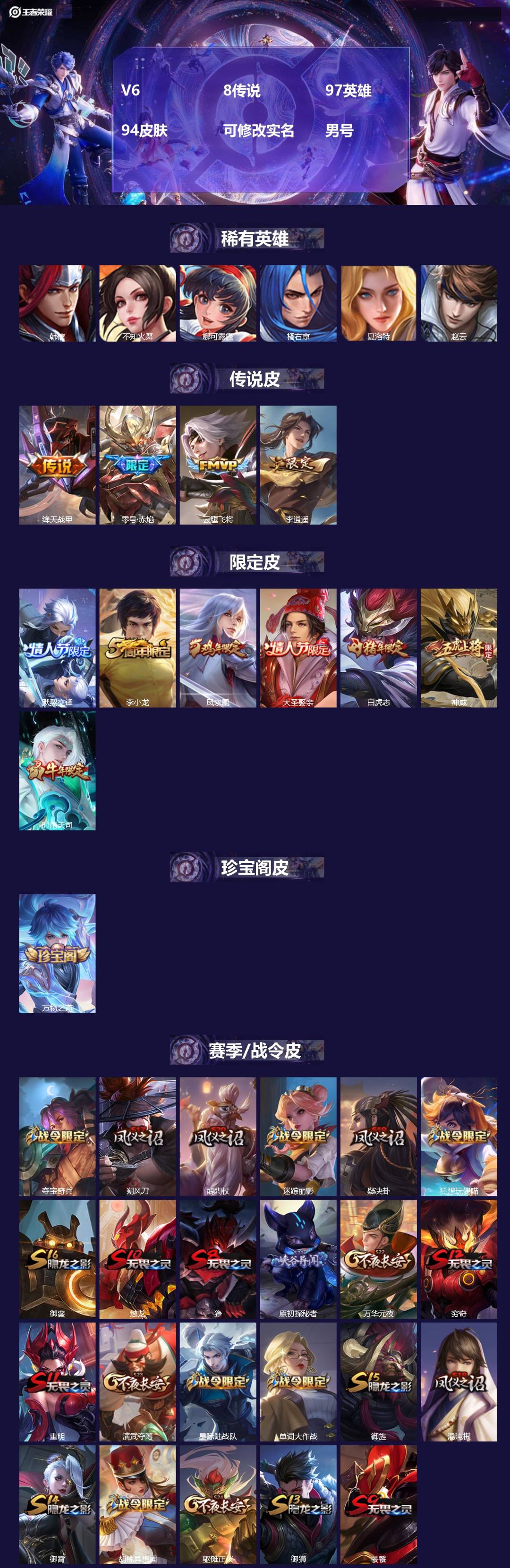 王者荣耀账号安卓QQ97英雄-94皮肤-[]V6 8传说 97英雄 94皮肤 可修改实名 男号 
【稀有英雄】韩信(韩跳