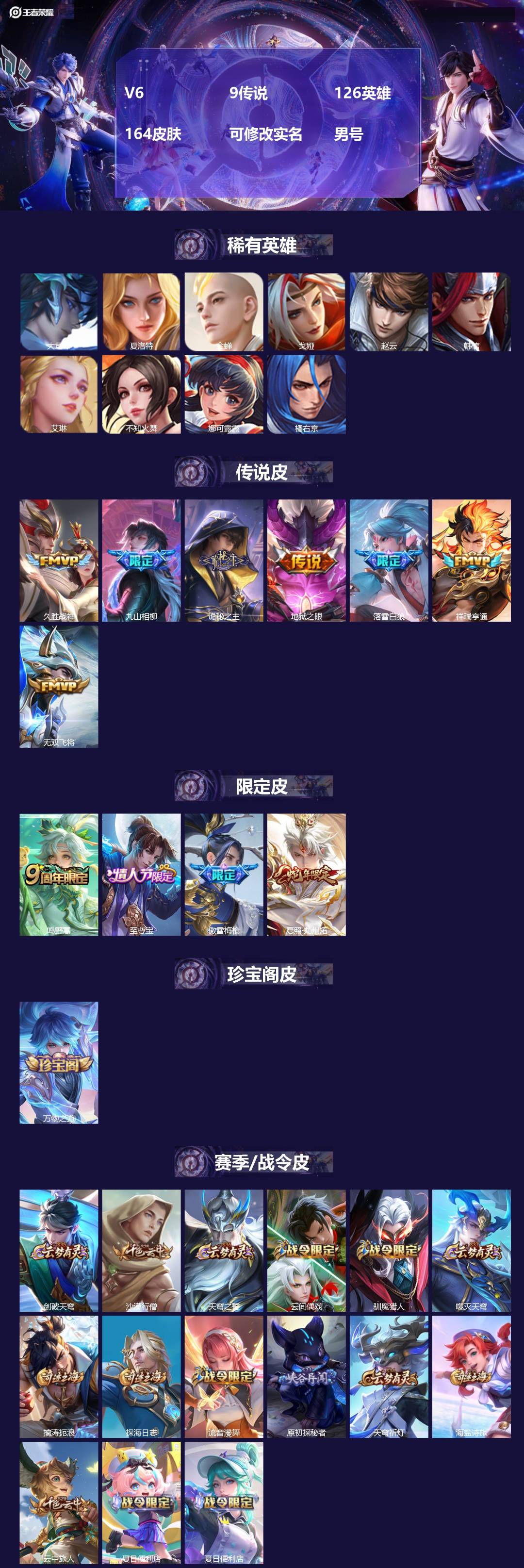 王者荣耀账号苹果QQV6 9传说 126英雄 164皮肤 可修改实名 男号 
【英雄全皮】元歌全皮,蚩奼全皮,司马懿全皮