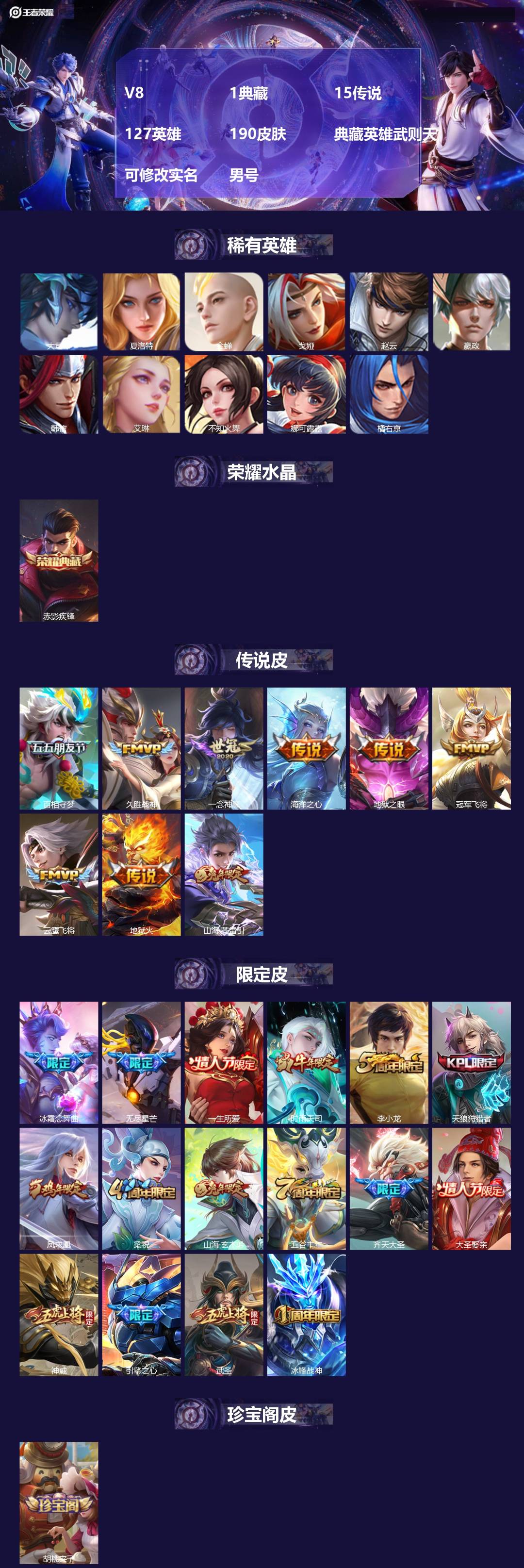 王者荣耀账号安卓QQ[16622910]V8 1典藏 15传说 127英雄 190皮肤 典藏英雄武则天 可修改实名 男号