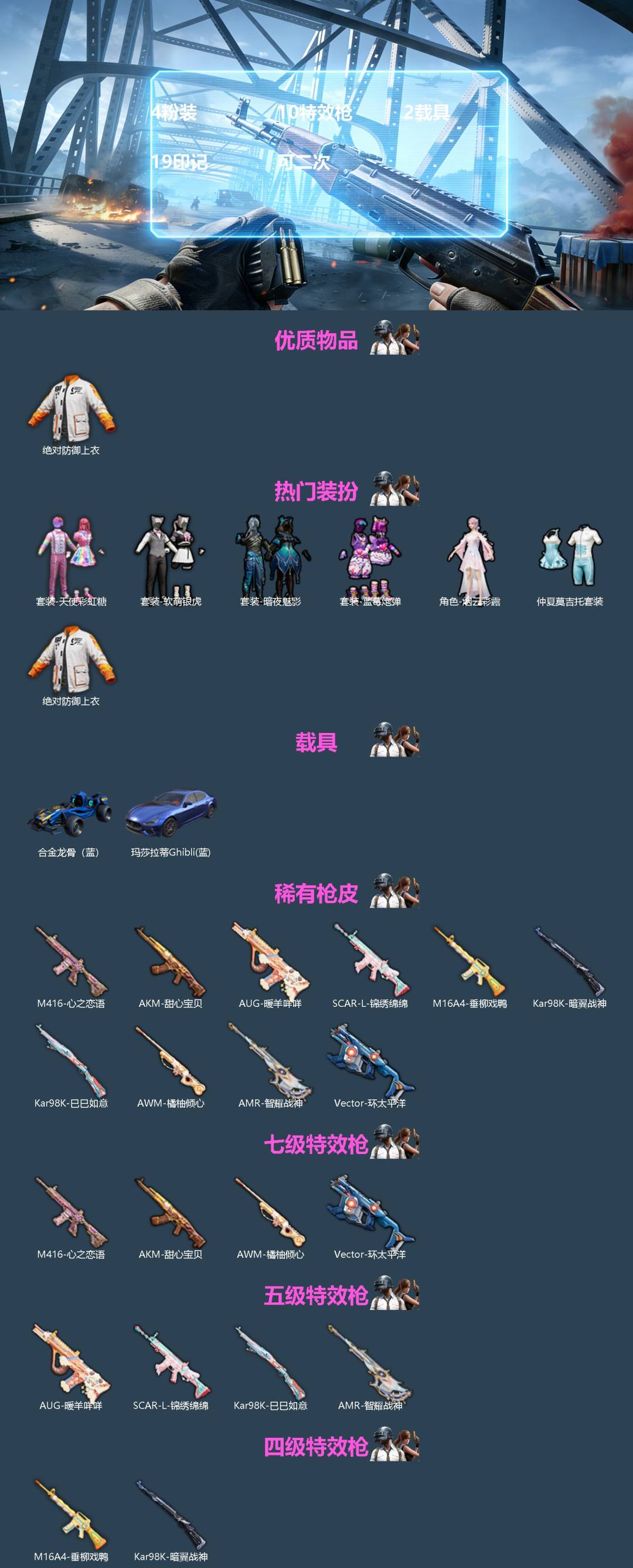 和平精英账号安卓QQ2载具-163套装-223枪皮-[]4粉装 10特效枪 2载具 19印记 可二次 
【热门装扮】巡查