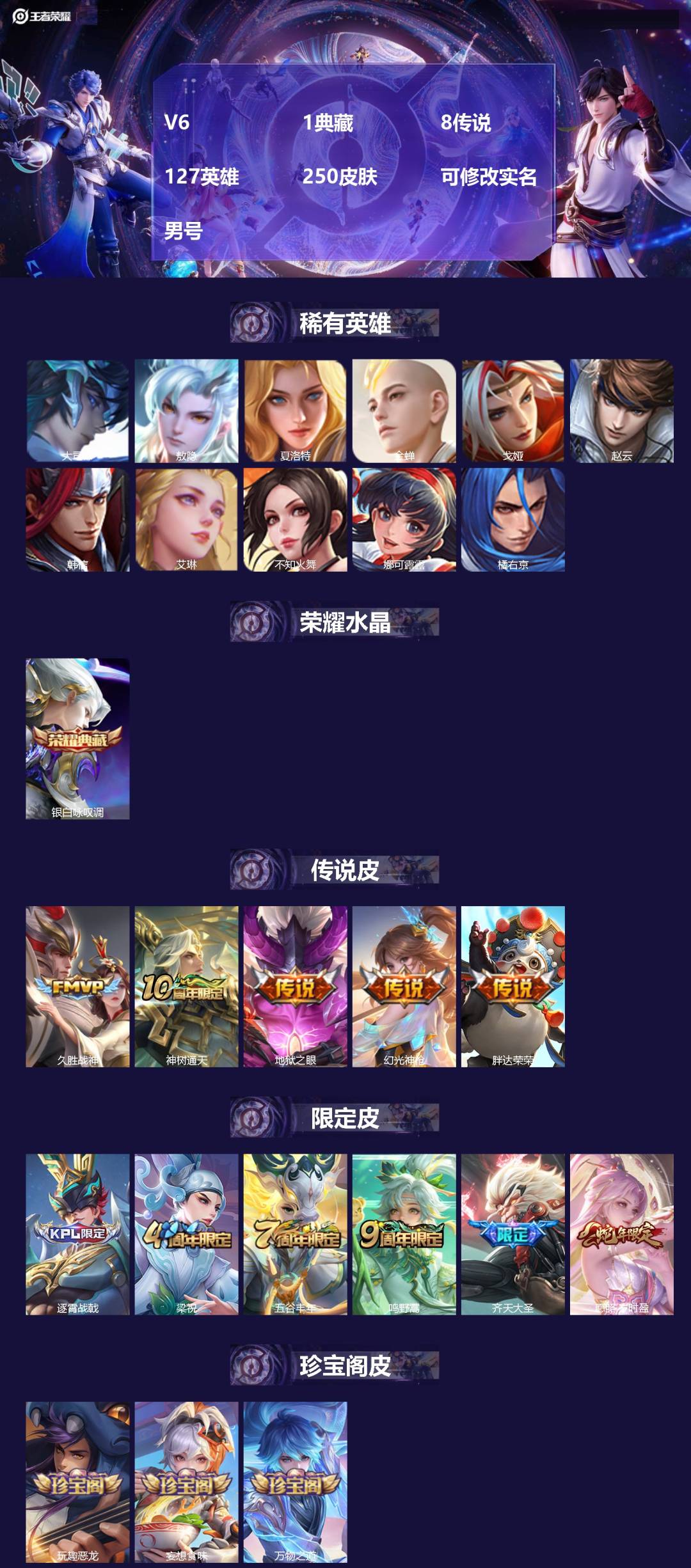 王者荣耀账号安卓QQ[16623925]V6 1典藏 8传说 127英雄 250皮肤 可修改实名 男号 
【英雄全皮】蒙