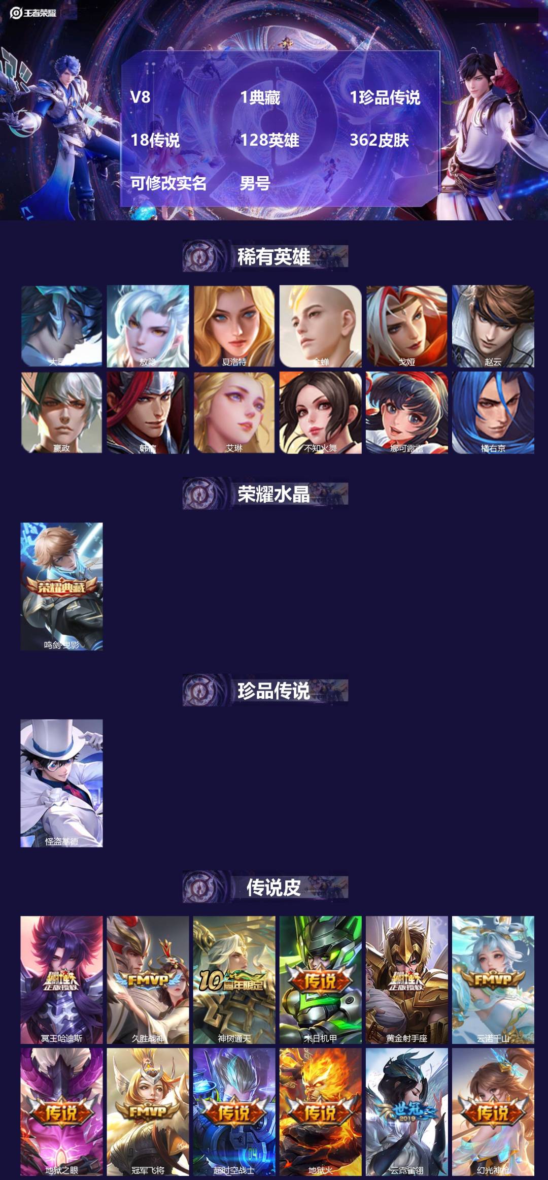 王者荣耀账号苹果QQV8 1典藏 1珍品传说 18传说 128英雄 362皮肤 可修改实名 男号 
【英雄全皮】蒙恬全皮