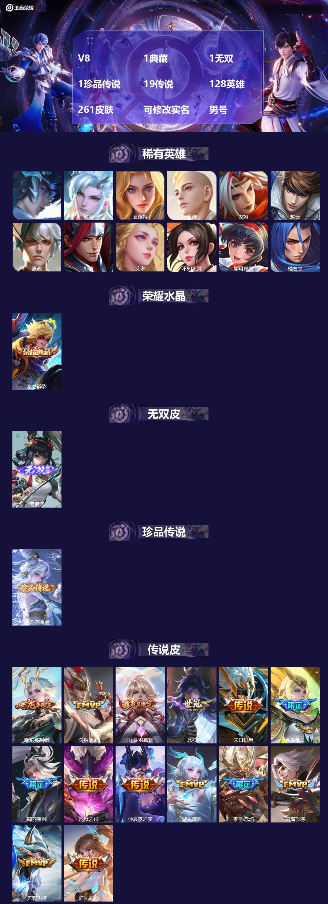 王者荣耀账号安卓QQ128英雄-261皮肤-[]V8 1典藏 1无双 1珍品传说 19传说 128英雄 261皮肤 可修