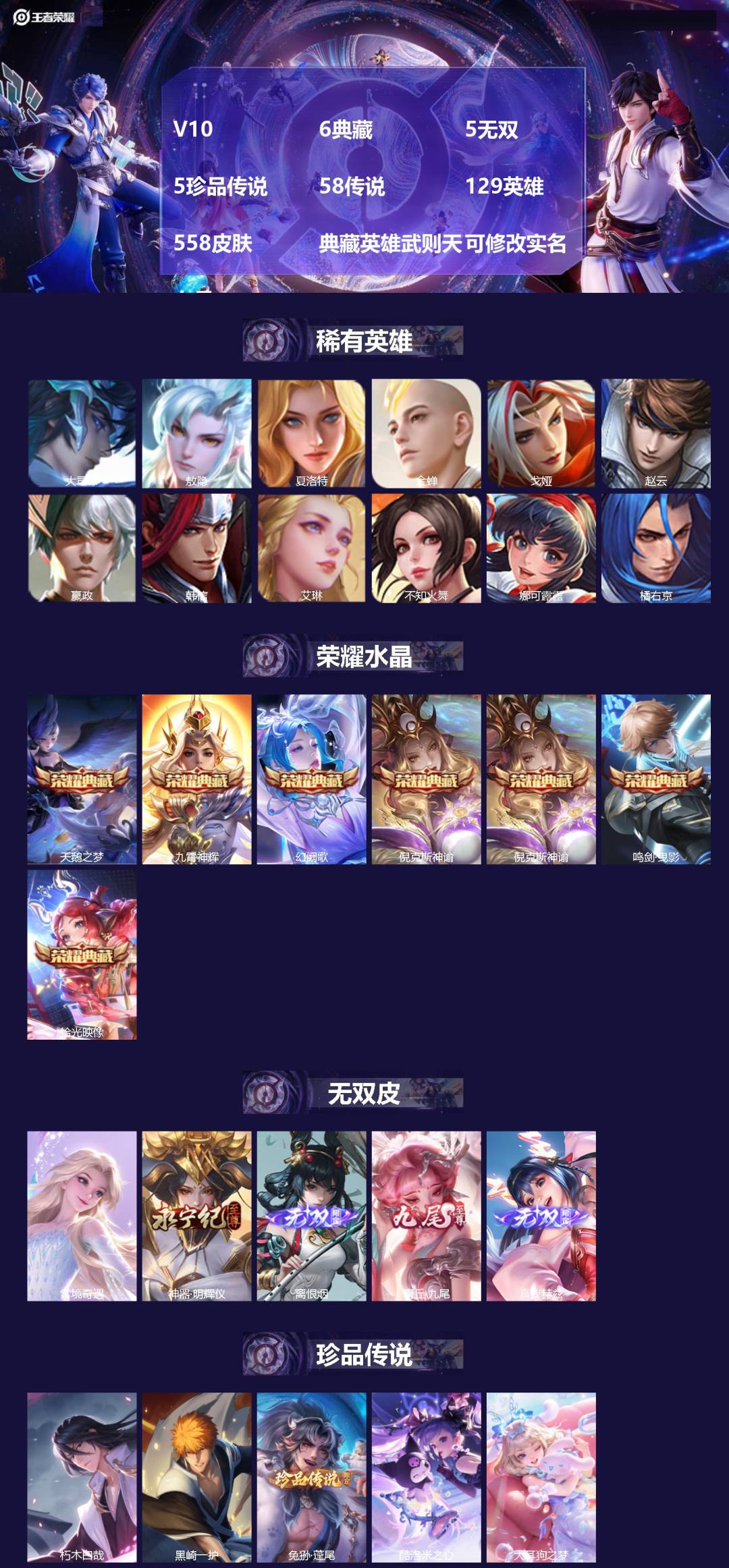 王者荣耀账号安卓QQ[16652702]V10 6典藏 5无双 5珍品传说 58传说 129英雄 558皮肤 典藏英雄武
