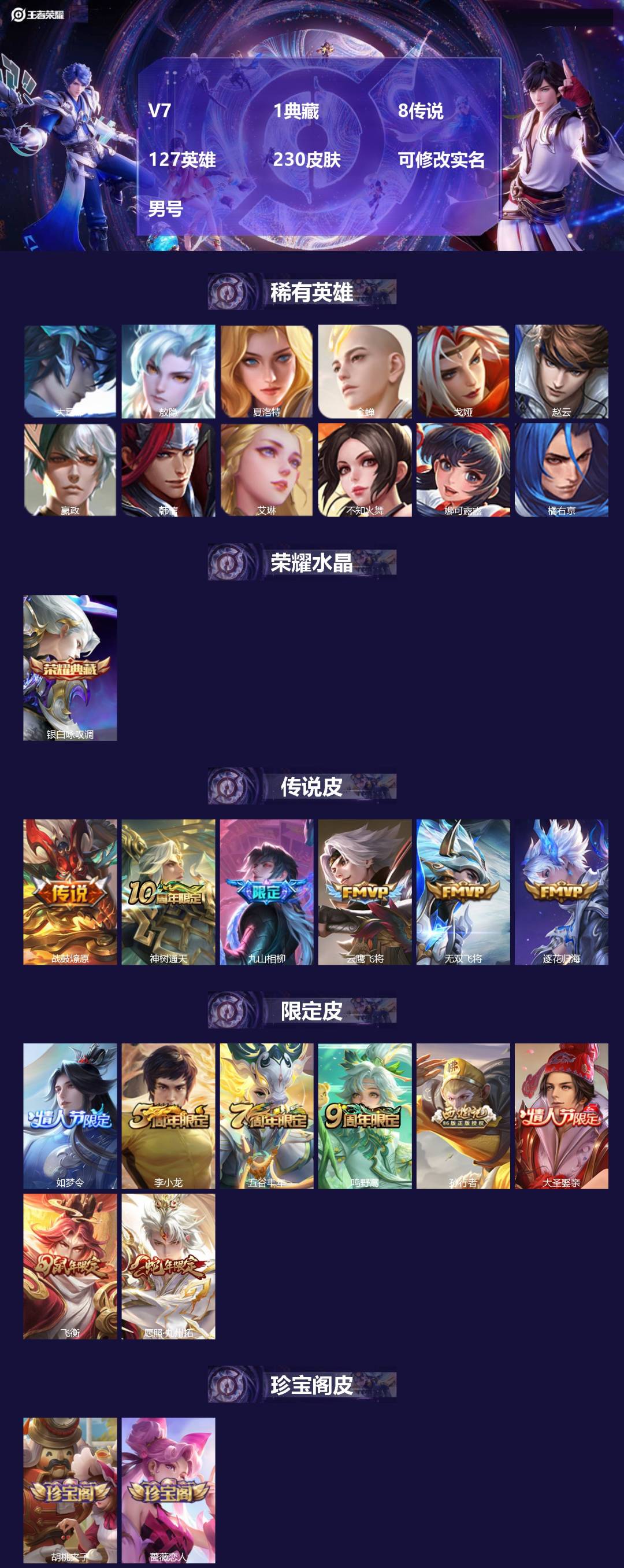 王者荣耀账号苹果QQ[16656568]V7 1典藏 8传说 127英雄 230皮肤 可修改实名 男号 
【英雄全皮】敖