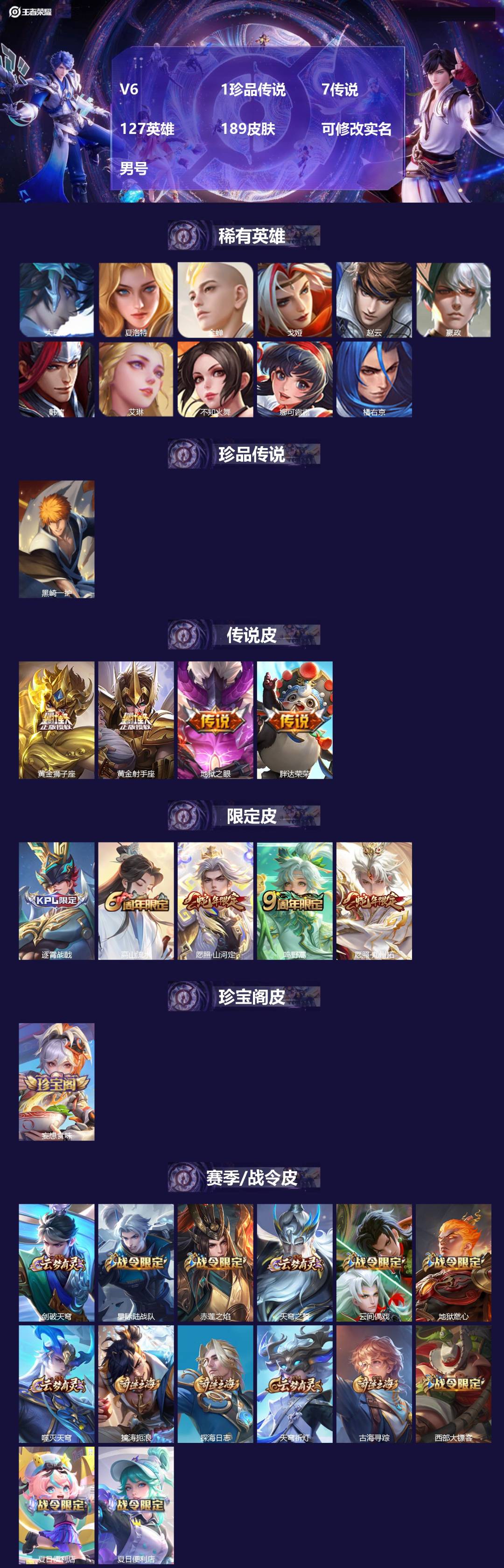 王者荣耀账号安卓QQV6 1珍品传说 7传说 127英雄 189皮肤 可修改实名 男号 
【英雄全皮】司空震全皮,孙权全
