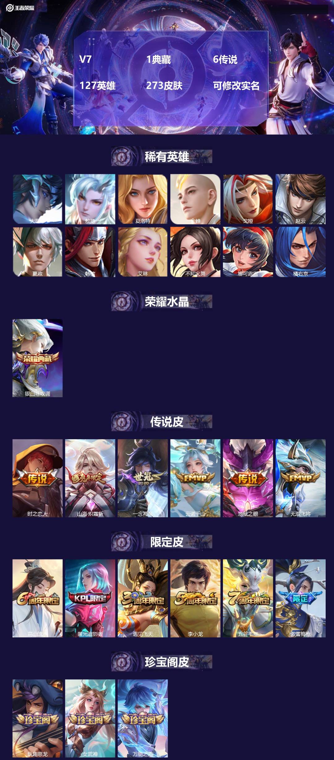 王者荣耀账号苹果QQV7 1典藏 6传说 127英雄 273皮肤 可修改实名 
【英雄全皮】李信全皮,敖隐全皮,蚩奼全皮