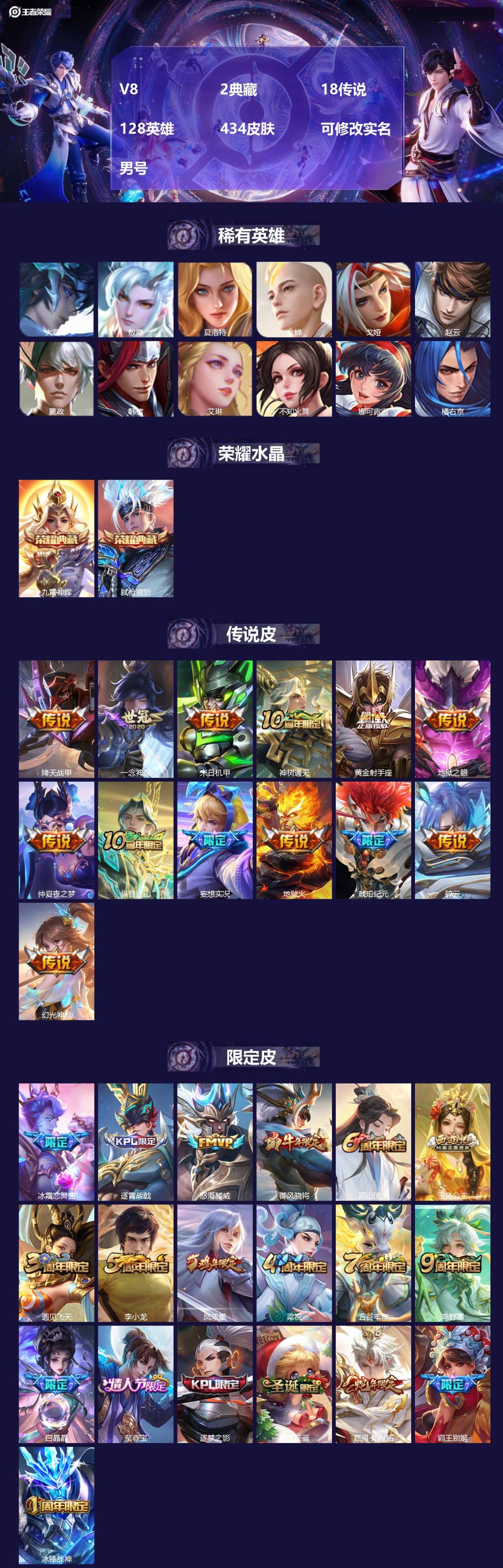 王者荣耀账号安卓QQ[16658655]V8 2典藏 18传说 128英雄 434皮肤 可修改实名 男号 
【英雄全皮】