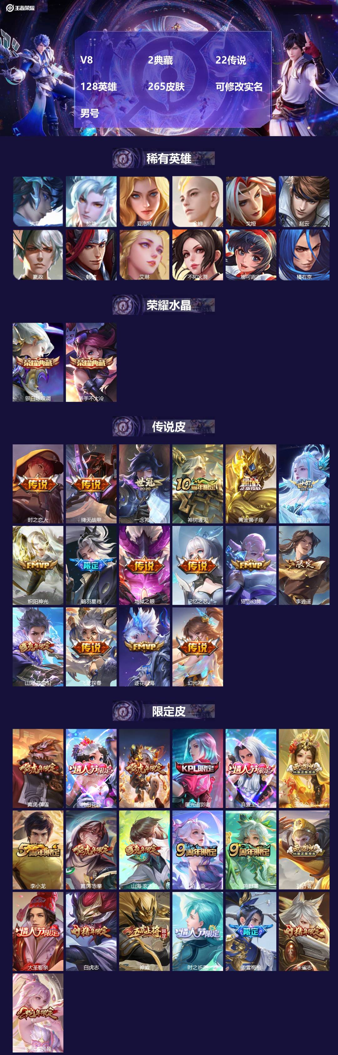 王者荣耀账号苹果QQ128英雄-265皮肤-[]V8 2典藏 22传说 128英雄 265皮肤 可修改实名 男号 
【英