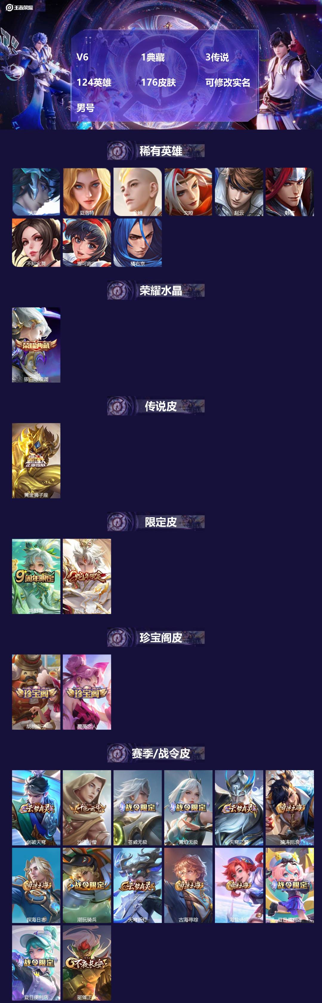 王者荣耀账号安卓QQ[16659705]V6 1典藏 3传说 124英雄 176皮肤 可修改实名 男号 
【英雄全皮】蚩