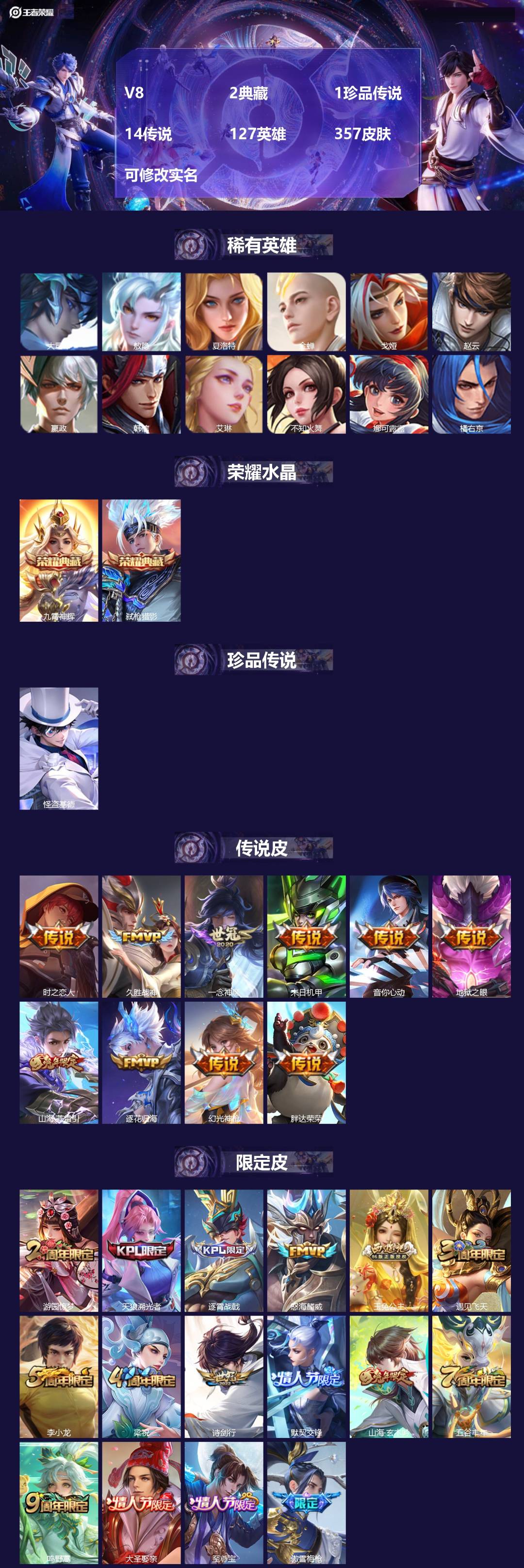 王者荣耀账号苹果QQ[16659900]V8 2典藏 1珍品传说 14传说 127英雄 357皮肤 可修改实名 
【英雄