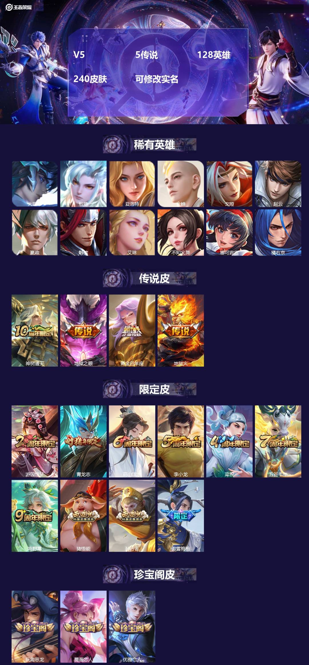 王者荣耀账号安卓QQ[16660132]V5 5传说 128英雄 240皮肤 可修改实名 
【英雄全皮】敖隐全皮,大禹全