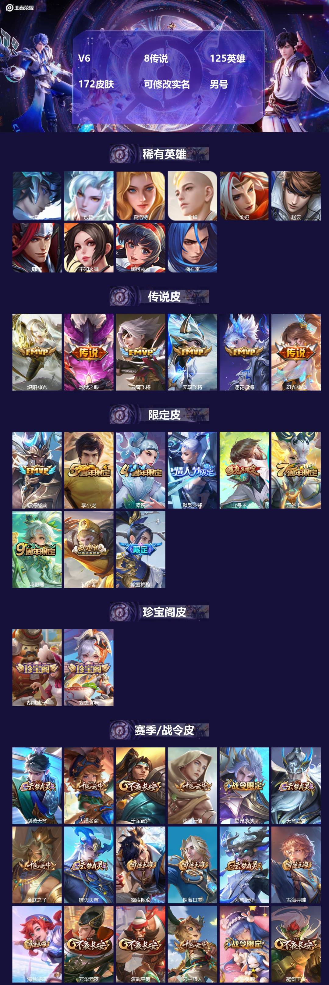 王者荣耀账号安卓QQ125英雄-172皮肤-[]V6 8传说 125英雄 172皮肤 可修改实名 男号 
【英雄全皮】敖
