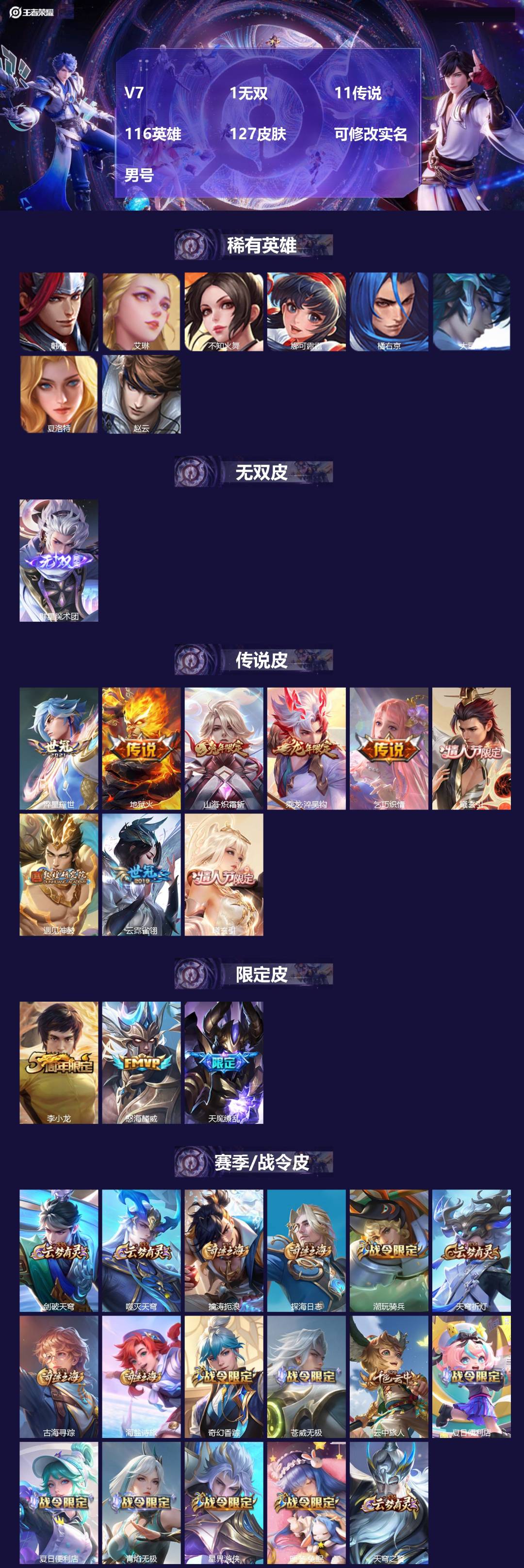 王者荣耀账号苹果QQ[16680090]V7 1无双 11传说 116英雄 127皮肤 可修改实名 男号 
【英雄全皮】