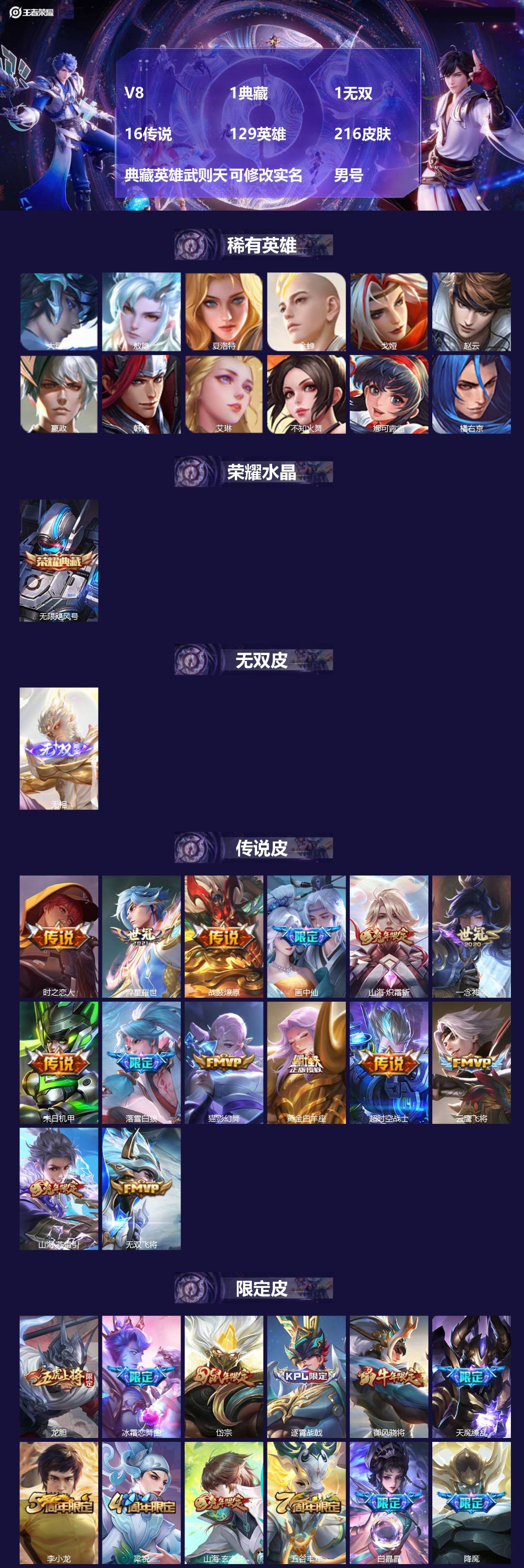 王者荣耀账号安卓QQV8 1典藏 1无双 16传说 129英雄 216皮肤 典藏英雄武则天 可修改实名 男号 
【英雄全