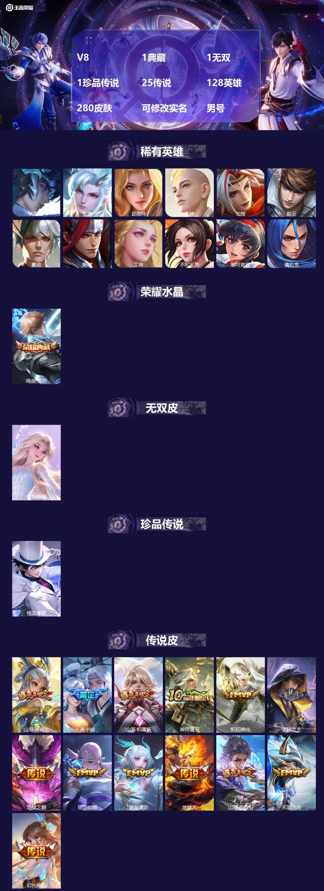 王者荣耀账号安卓QQ[16692125]V8 1典藏 1无双 1珍品传说 25传说 128英雄 280皮肤 可修改实名 