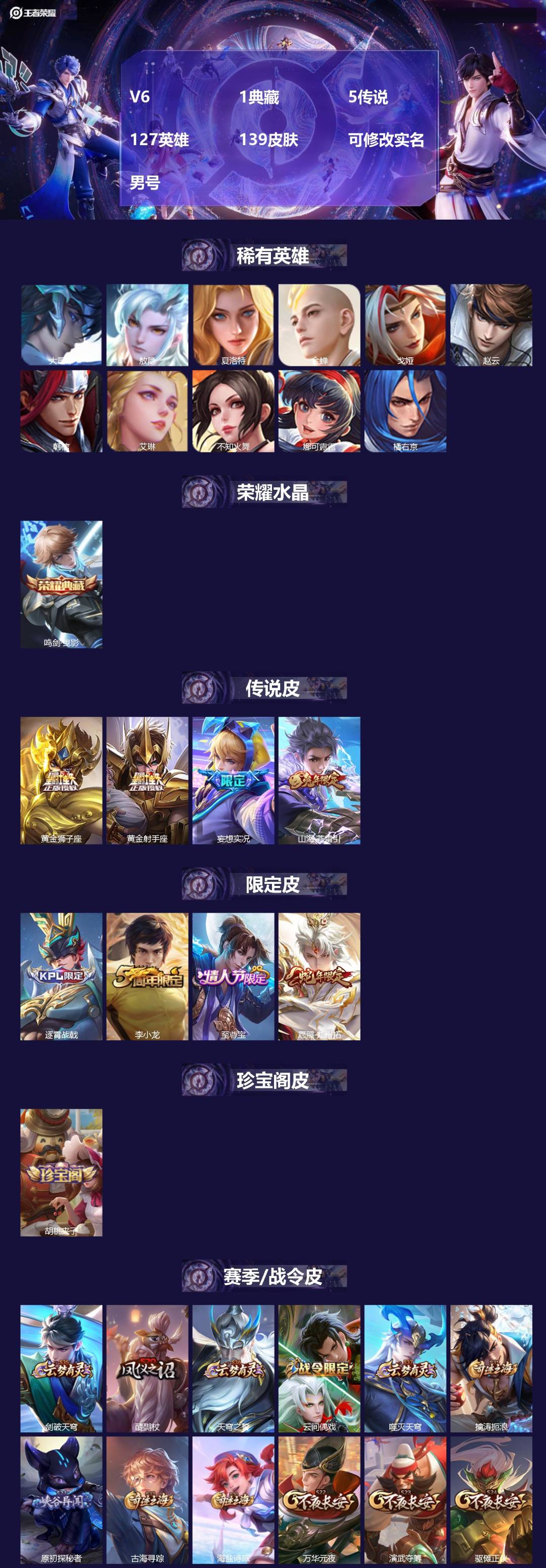 王者荣耀账号安卓QQ127英雄-139皮肤-[]V6 1典藏 5传说 127英雄 139皮肤 可修改实名 男号 
【英雄