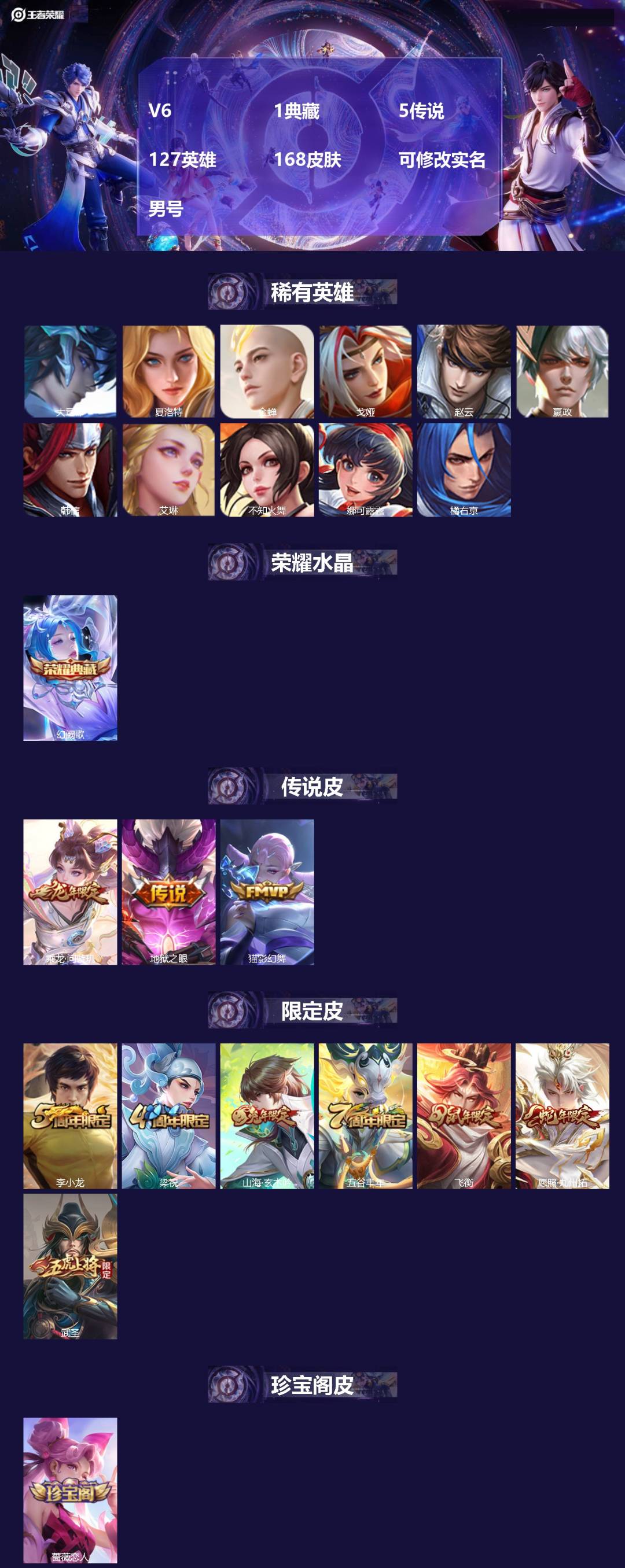 王者荣耀账号安卓QQ127英雄-168皮肤-[]V6 1典藏 5传说 127英雄 168皮肤 可修改实名 男号 
【英雄