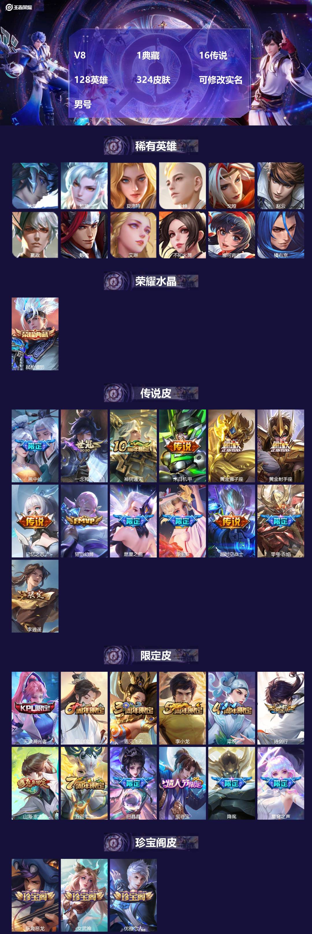 王者荣耀账号苹果QQ[16698815]V8 1典藏 16传说 128英雄 324皮肤 可修改实名 男号 
【英雄全皮】