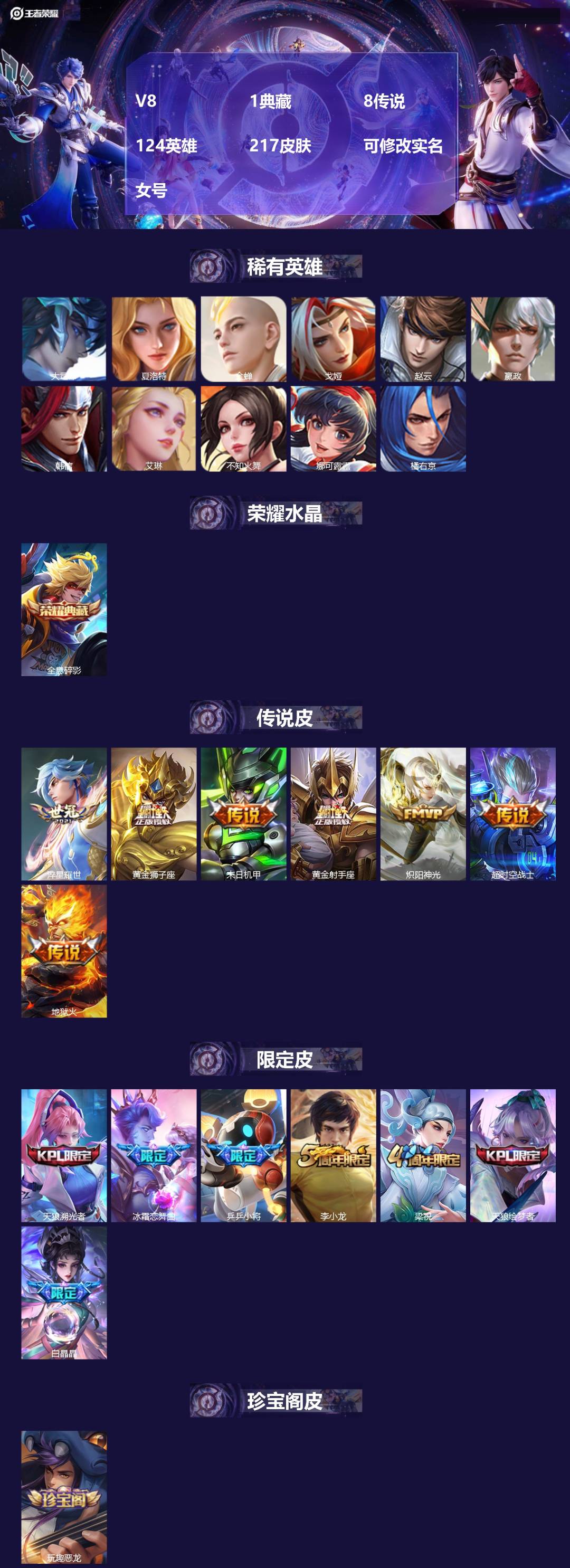 王者荣耀账号苹果QQV8 1典藏 8传说 124英雄 217皮肤 可修改实名 女号 
【稀有英雄】大司命,嬴政(始皇帝)