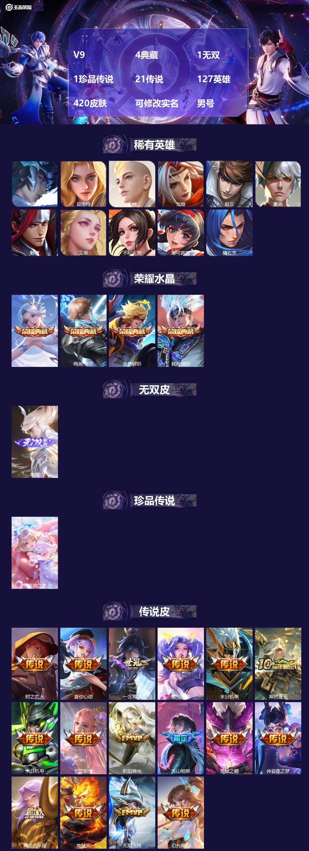 王者荣耀账号安卓QQV9 4典藏 1无双 1珍品传说 21传说 127英雄 420皮肤 可修改实名 男号 
【英雄全皮】