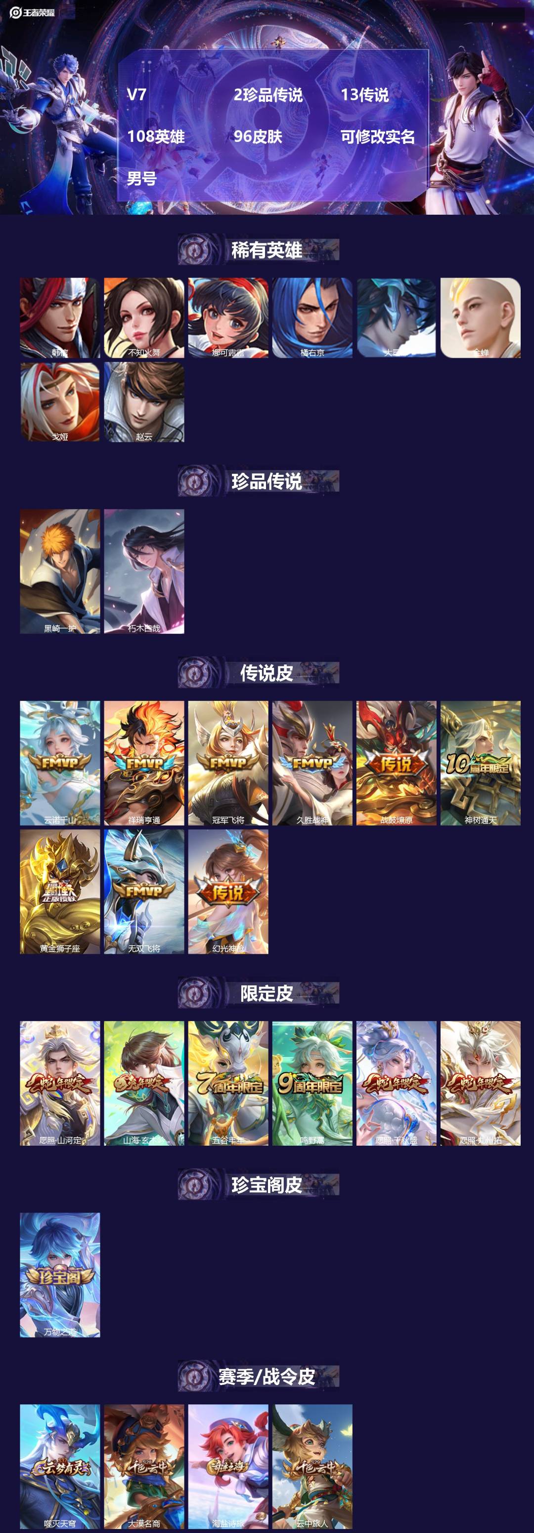 王者荣耀账号苹果VX108英雄-96皮肤-[]V7 2珍品传说 13传说 108英雄 96皮肤 可修改实名 男号 
【稀