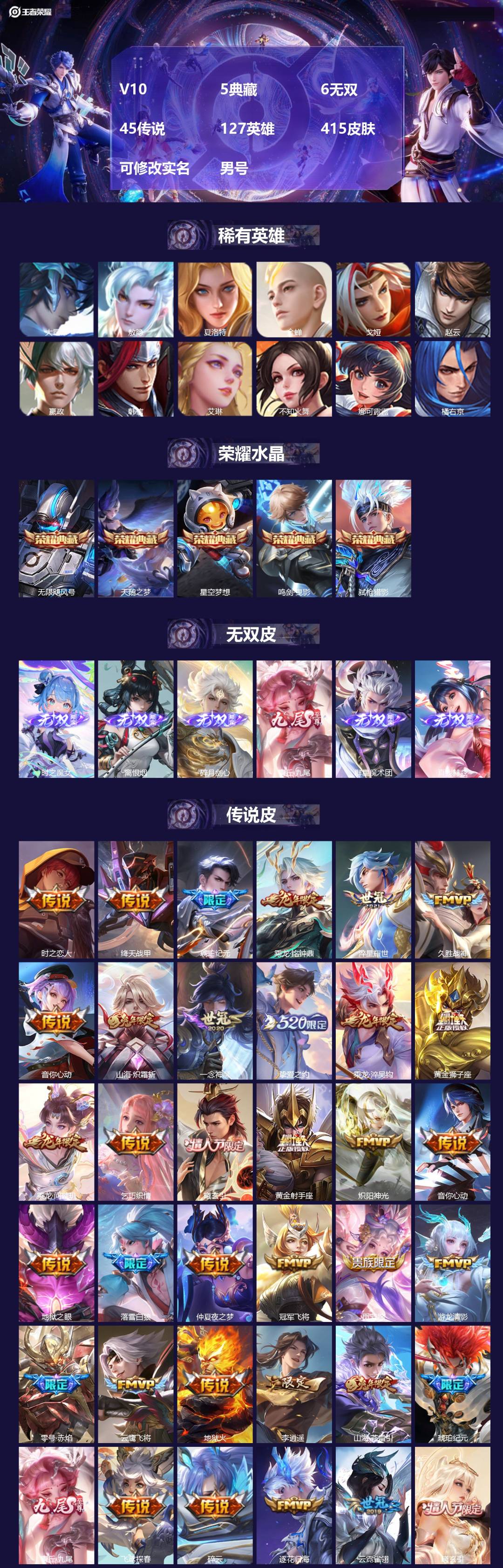 王者荣耀账号苹果QQ127英雄-415皮肤-[]V10 5典藏 6无双 45传说 127英雄 415皮肤 可修改实名 男