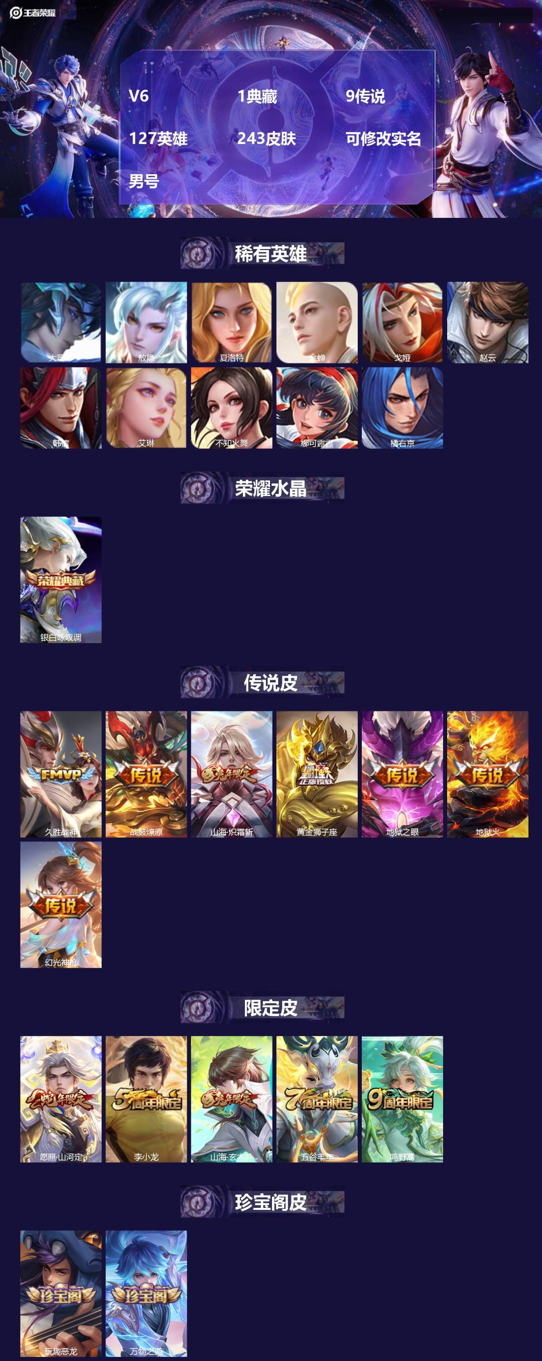 王者荣耀账号安卓QQ127英雄-243皮肤-[]V6 1典藏 9传说 127英雄 243皮肤 可修改实名 男号 
【英雄