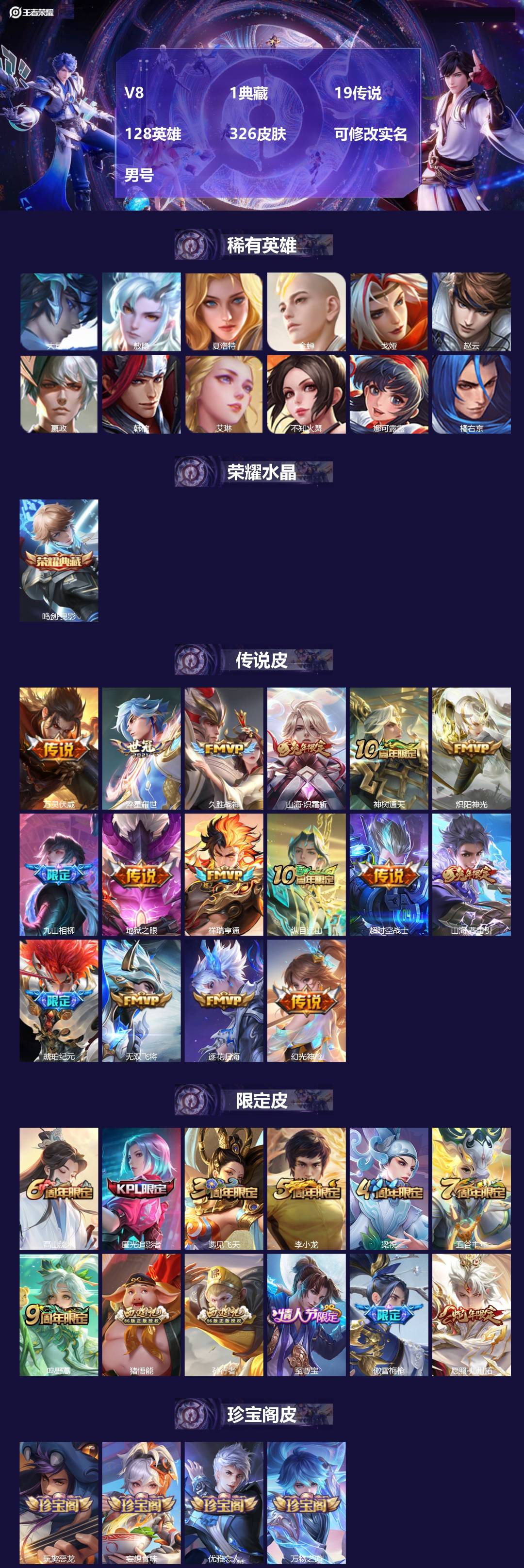 王者荣耀账号苹果QQ128英雄-326皮肤-[]V8 1典藏 19传说 128英雄 326皮肤 可修改实名 男号 
【英