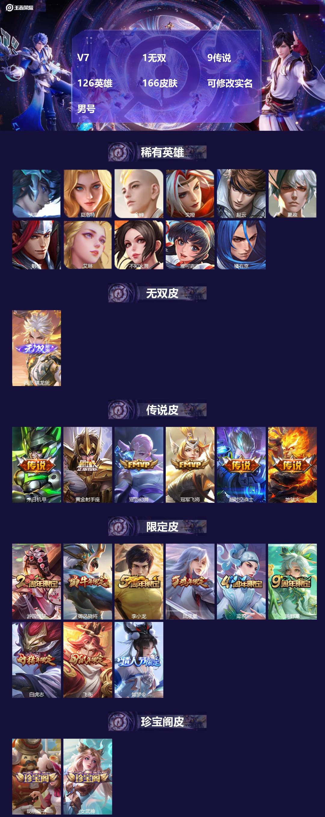 王者荣耀账号苹果QQ126英雄-166皮肤-[]V7 1无双 9传说 126英雄 166皮肤 可修改实名 男号 
【稀有