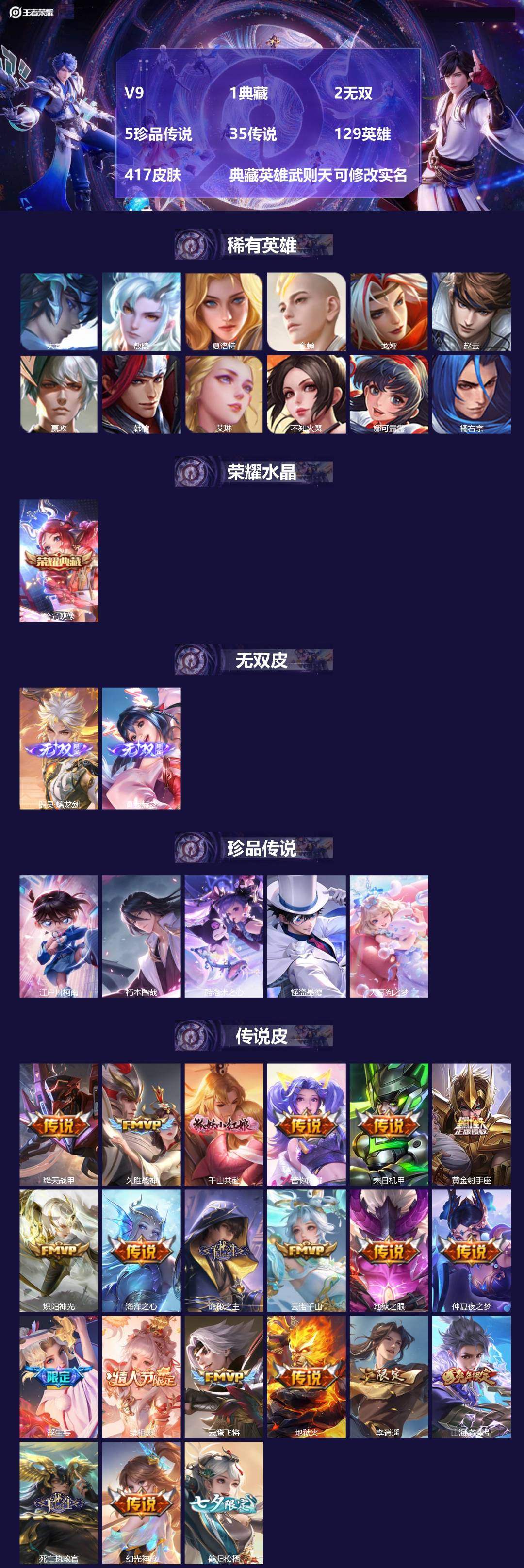 王者荣耀账号安卓QQ129英雄-417皮肤-[]V9 1典藏 2无双 5珍品传说 35传说 129英雄 417皮肤 典藏