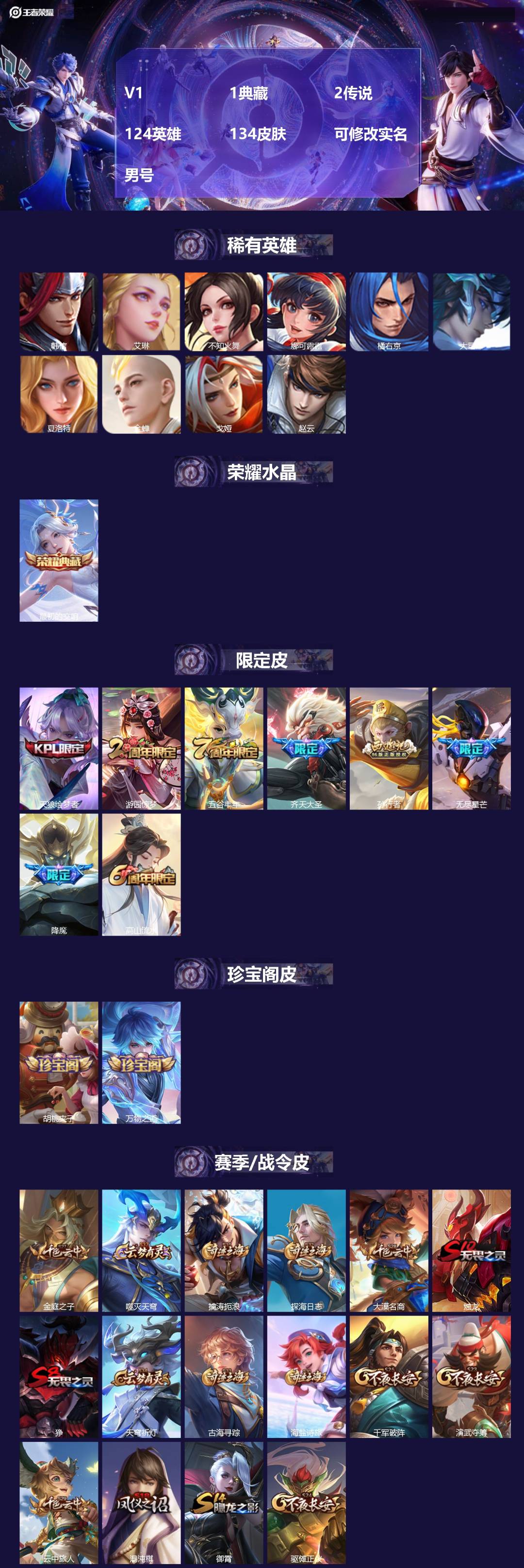 王者荣耀账号安卓QQ124英雄-134皮肤-[]V1 1典藏 2传说 124英雄 134皮肤 可修改实名 男号 
【稀有