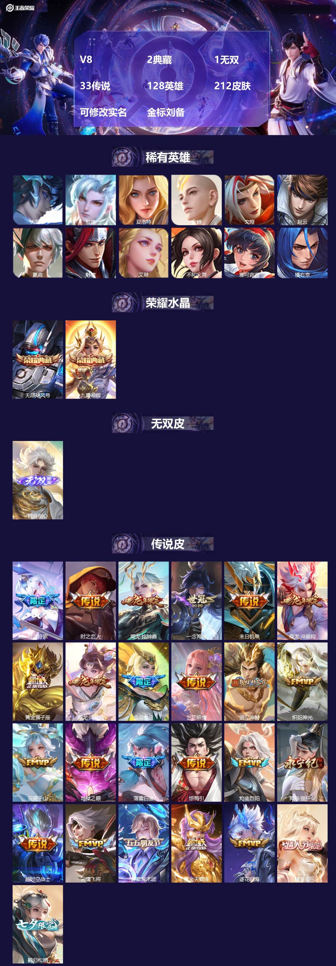 王者荣耀账号安卓QQ[16774882]V8 2典藏 1无双 33传说 128英雄 212皮肤 可修改实名 金标刘备
【