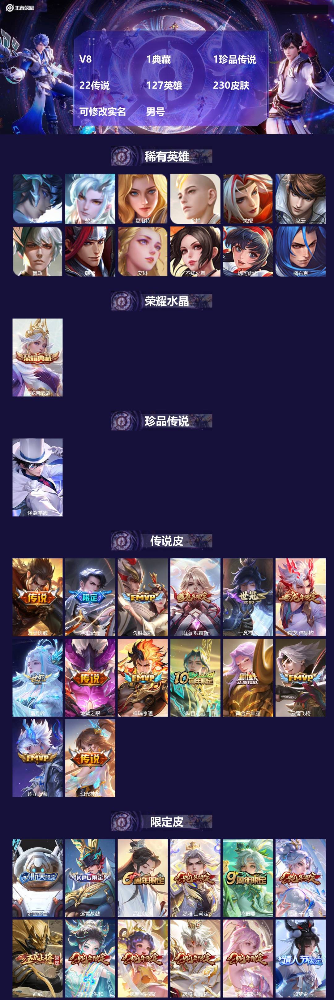 王者荣耀账号安卓QQ127英雄-230皮肤-[]V8 1典藏 1珍品传说 22传说 127英雄 230皮肤 可修改实名 