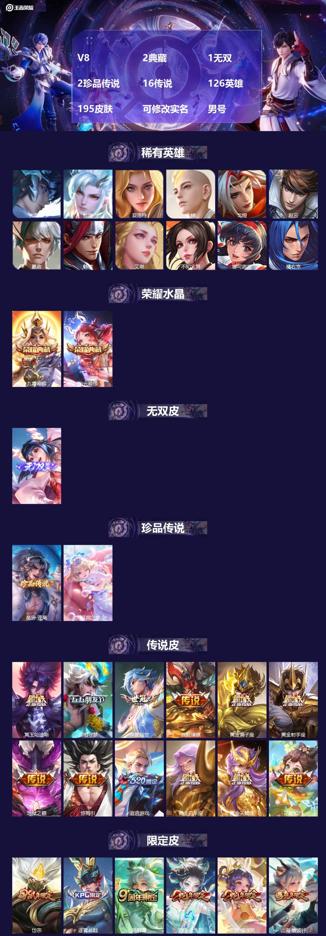 王者荣耀账号安卓QQ126英雄-195皮肤-[]V8 2典藏 1无双 2珍品传说 16传说 126英雄 195皮肤 可修