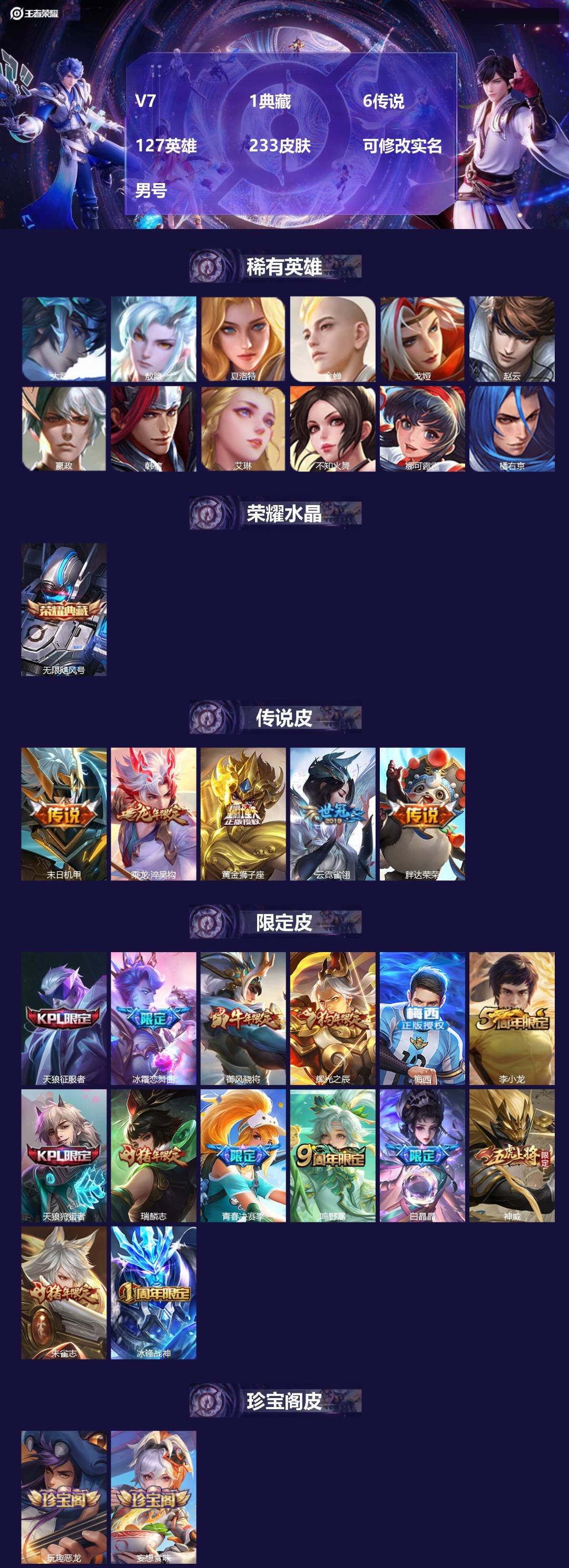 王者荣耀账号安卓QQ127英雄-233皮肤-[]V7 1典藏 6传说 127英雄 233皮肤 可修改实名 男号 
【英雄