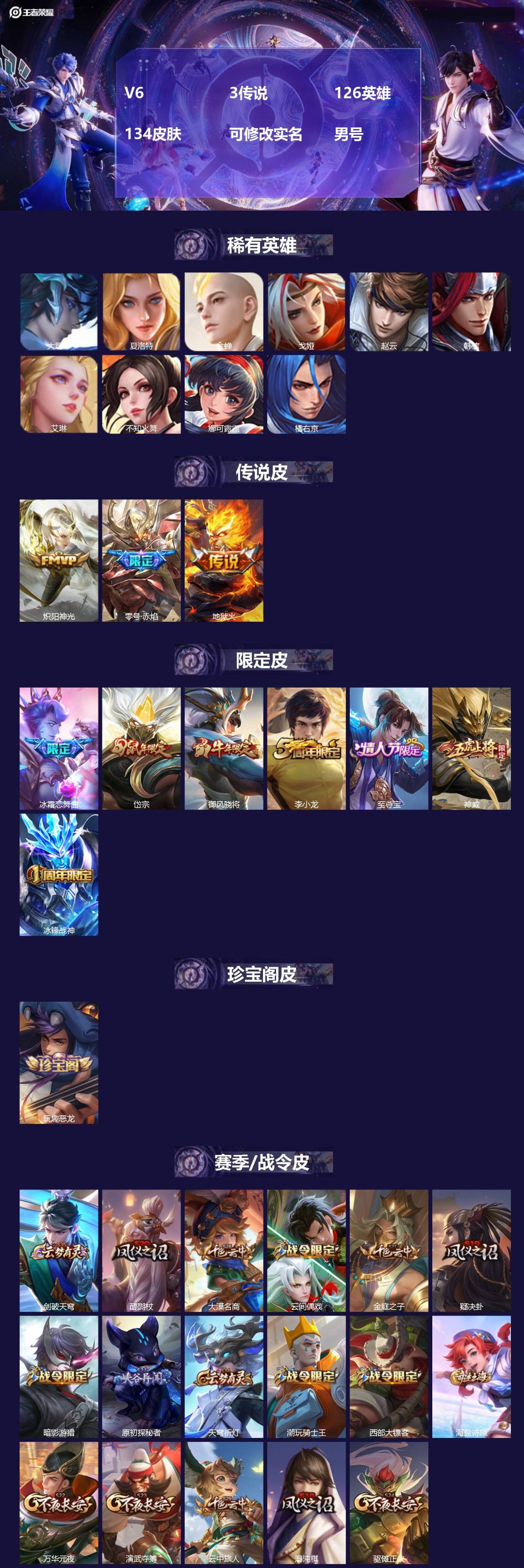 王者荣耀账号安卓QQ126英雄-134皮肤-[]V6 3传说 126英雄 134皮肤 可修改实名 男号 
【英雄全皮】大