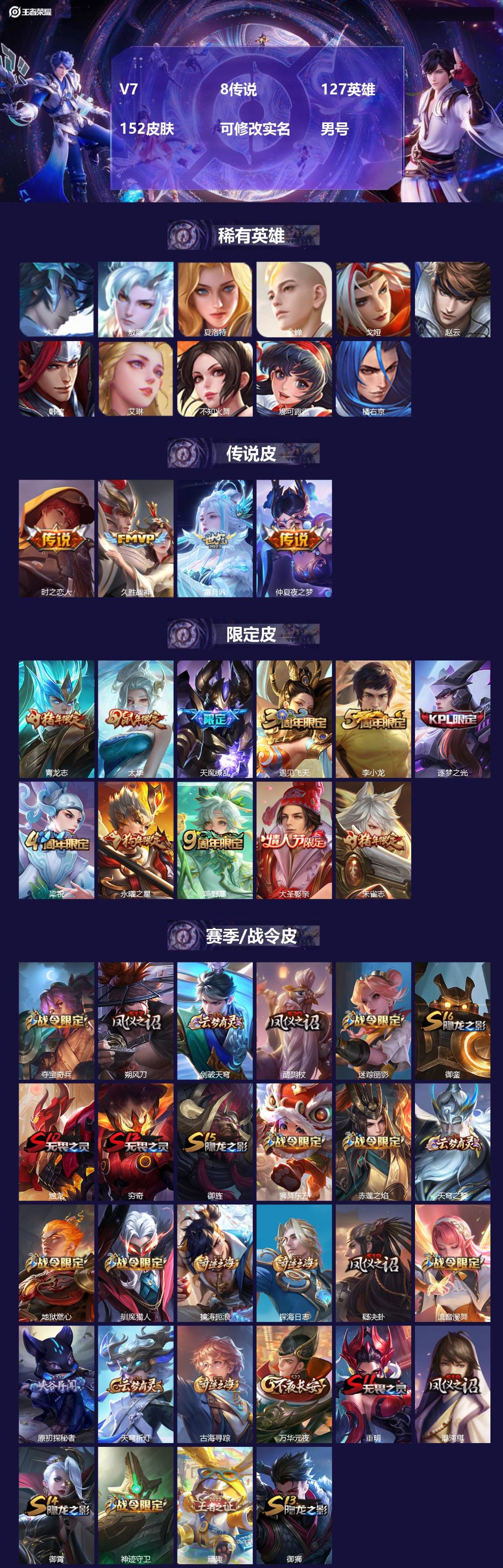 王者荣耀账号安卓QQ127英雄-152皮肤-[]V7 8传说 127英雄 152皮肤 可修改实名 男号 
【英雄全皮】敖