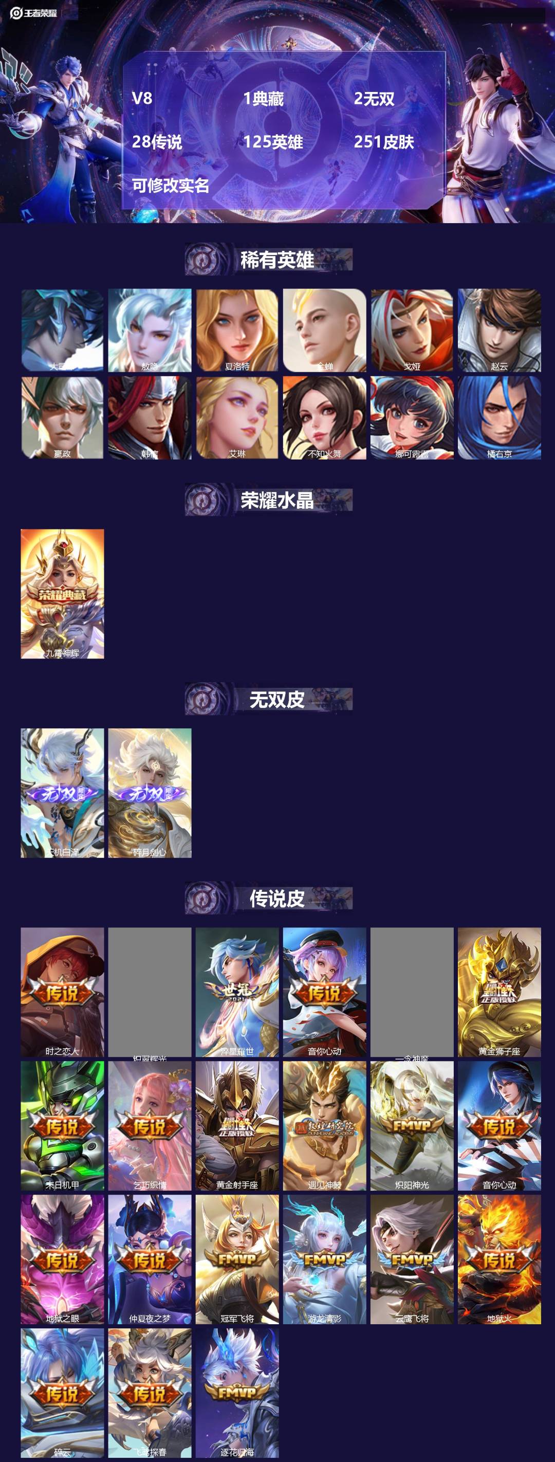 王者荣耀账号苹果VX125英雄-251皮肤-[]V8 1典藏 2无双 28传说 125英雄 251皮肤 可修改实名 
【