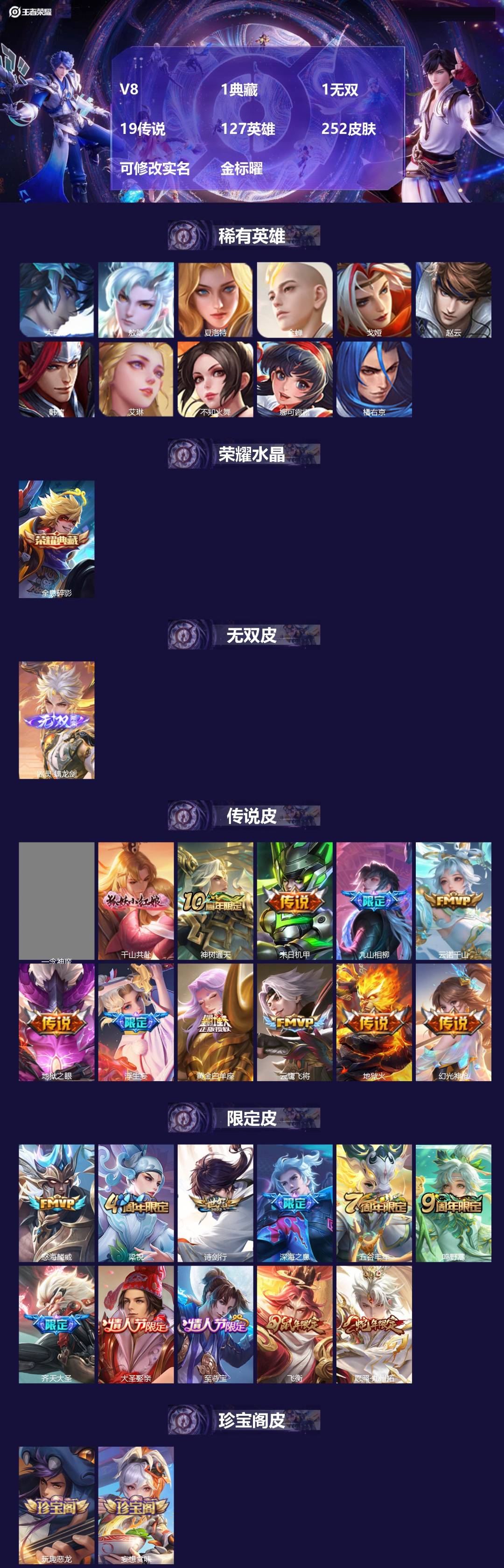 王者荣耀账号苹果VX127英雄-252皮肤-[]V8 1典藏 1无双 19传说 127英雄 252皮肤 可修改实名 金标