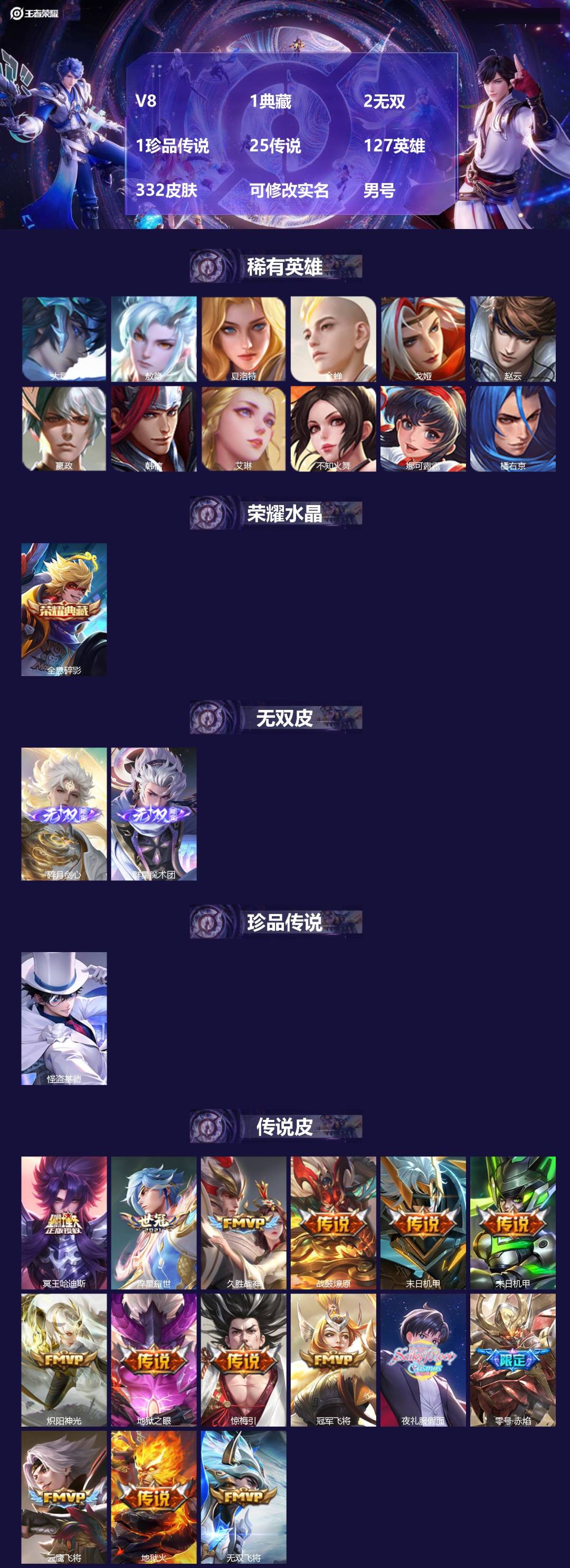 王者荣耀账号苹果QQ127英雄-332皮肤-[]V8 1典藏 2无双 1珍品传说 25传说 127英雄 332皮肤 可修