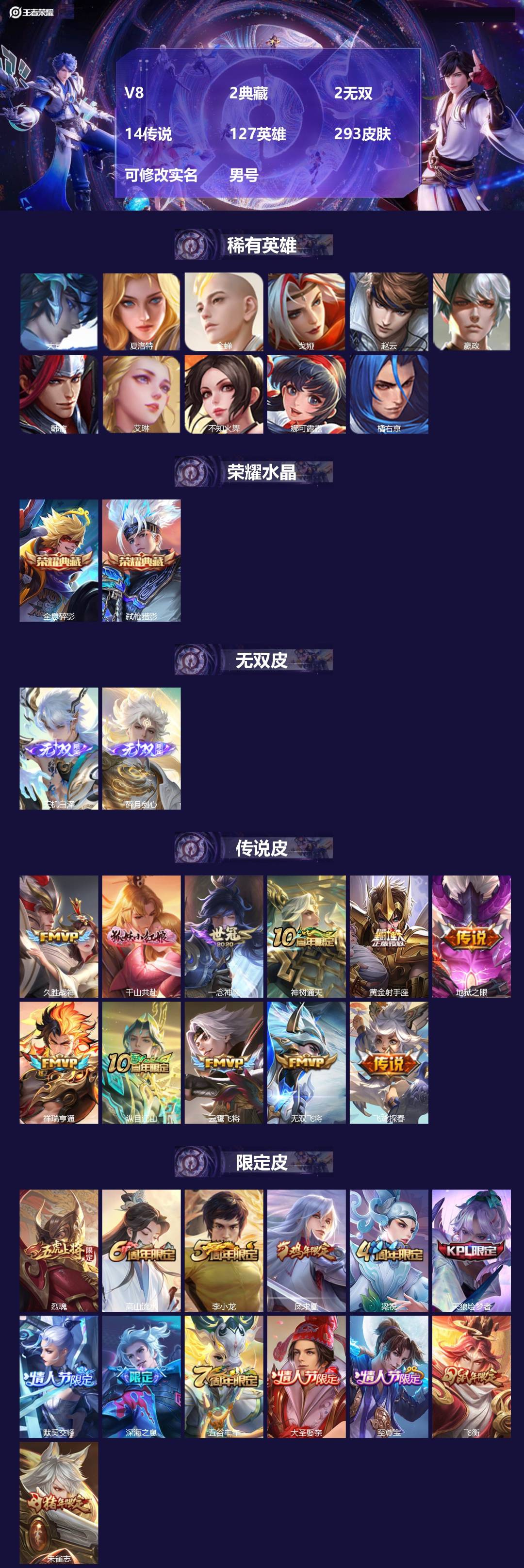 王者荣耀账号苹果QQ127英雄-293皮肤-[]V8 2典藏 2无双 14传说 127英雄 293皮肤 可修改实名 男号