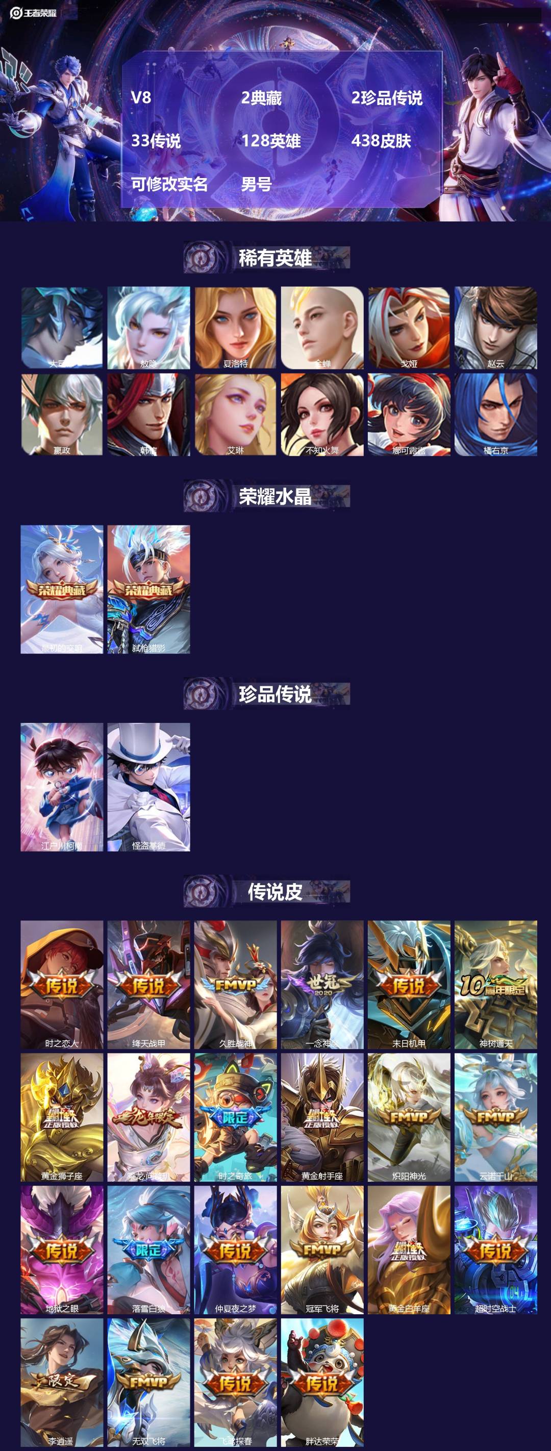 王者荣耀账号安卓QQ128英雄-438皮肤-[]V8 2典藏 2珍品传说 33传说 128英雄 438皮肤 可修改实名 