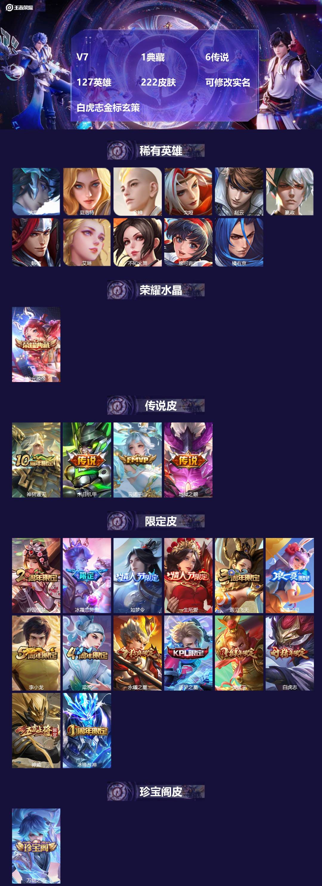 王者荣耀账号安卓QQ127英雄-222皮肤-[]V7 1典藏 6传说 127英雄 222皮肤 可修改实名 白虎志金标玄策
