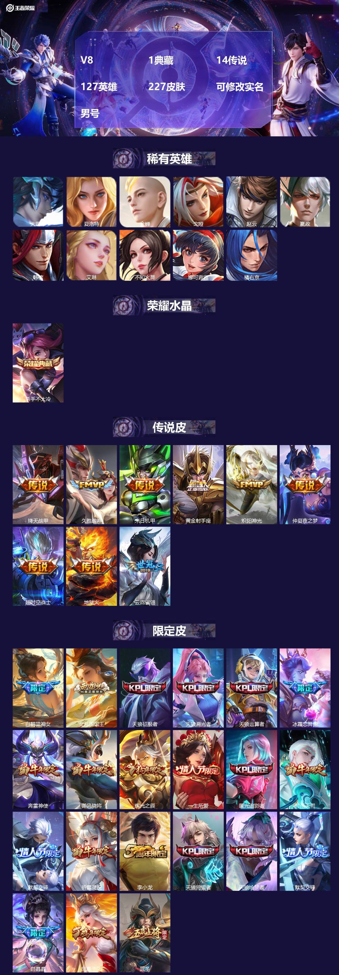 王者荣耀账号安卓QQ127英雄-227皮肤-[]V8 1典藏 14传说 127英雄 227皮肤 可修改实名 男号 
【英